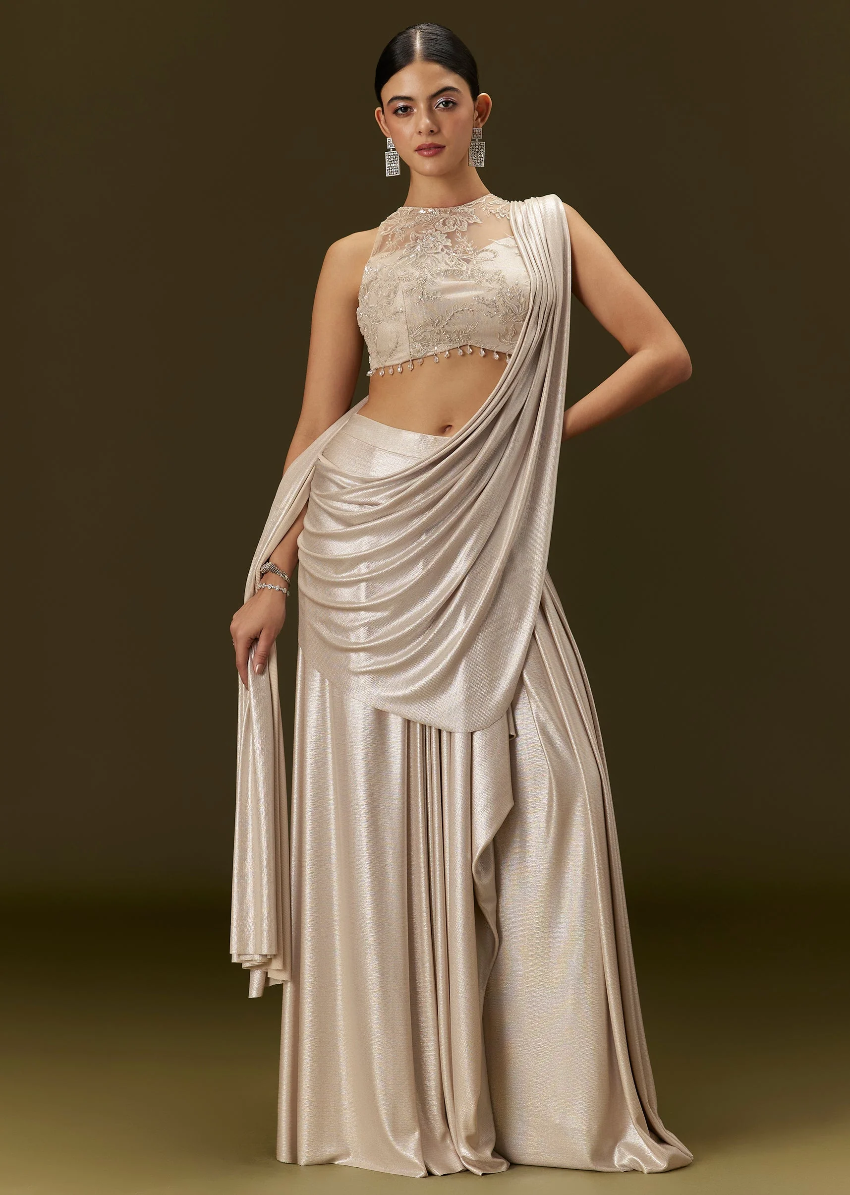 Ivory Lycra Draped Saree With Embroidered Blouse - Image 3