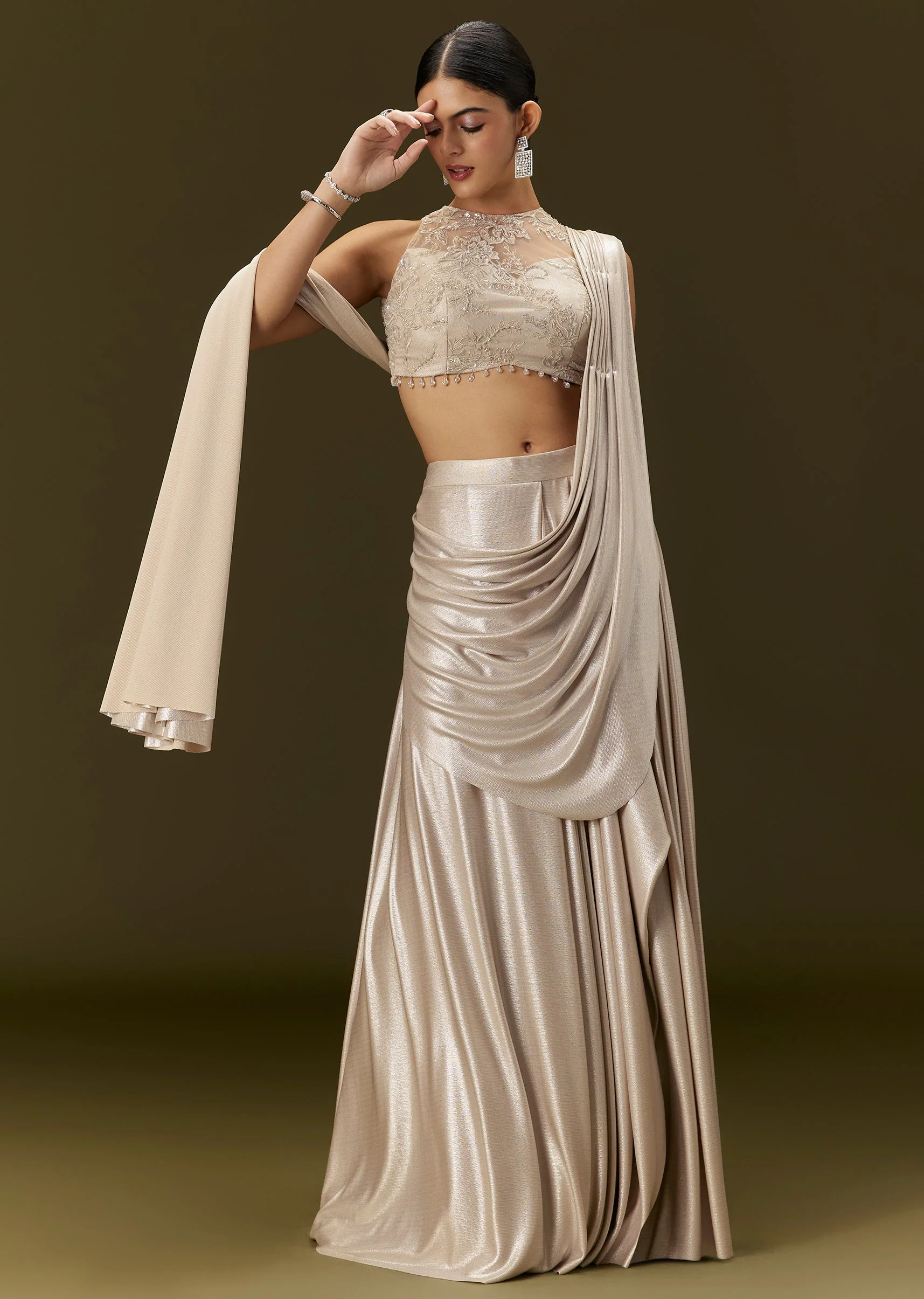 Ivory Lycra Draped Saree With Embroidered Blouse - Image 5