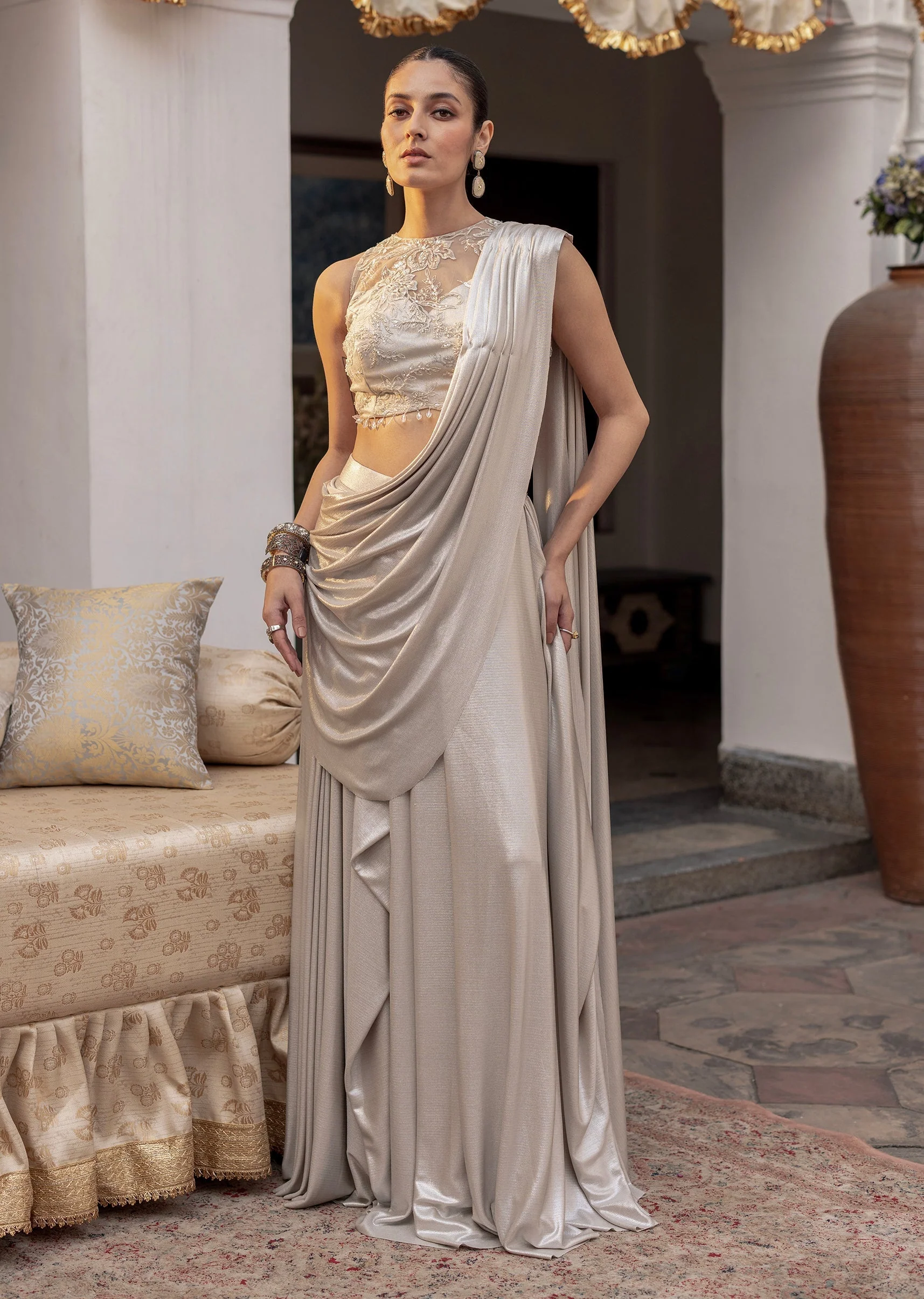 Ivory Lycra Draped Saree With Embroidered Blouse - Image 7