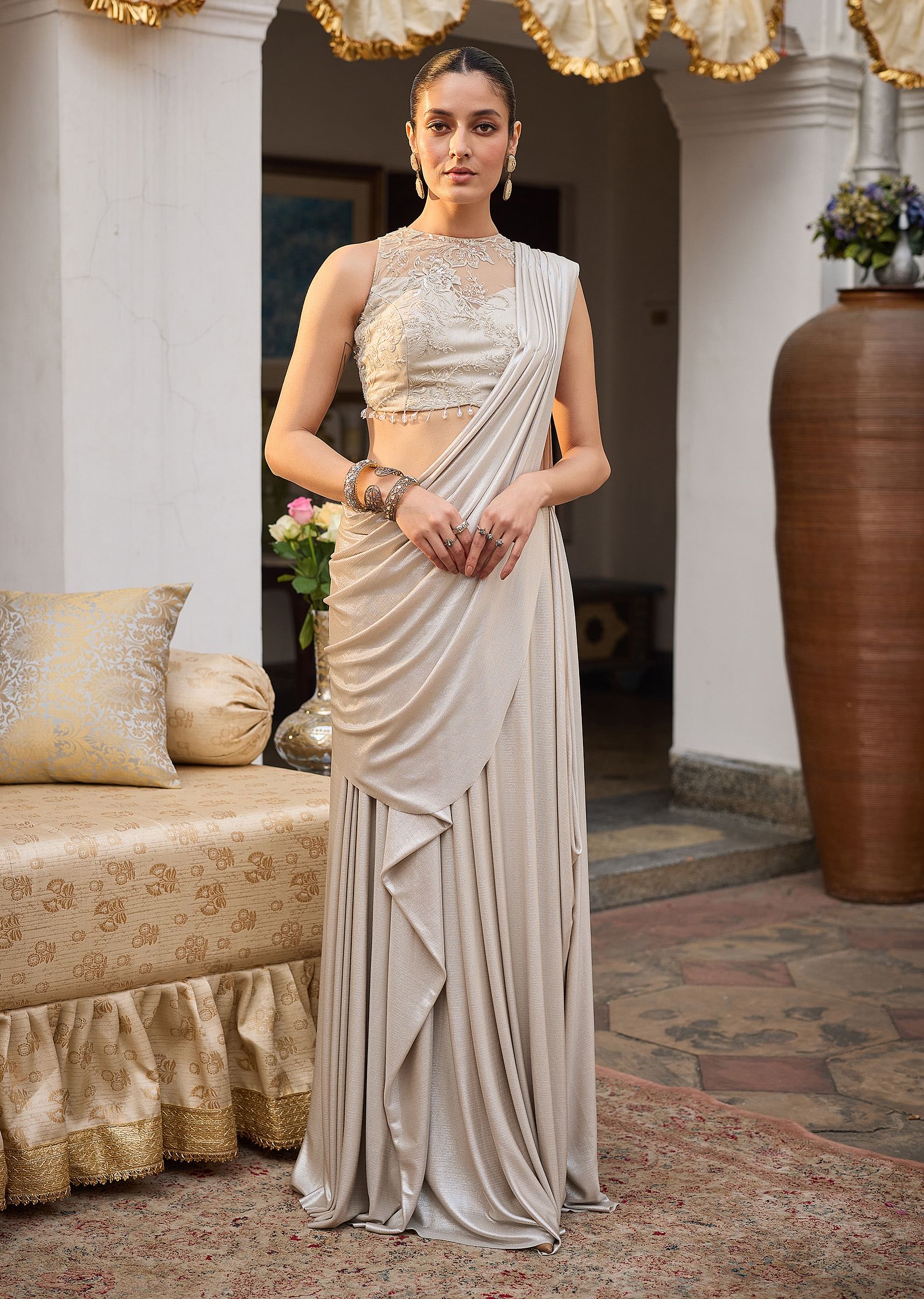 Ivory Lycra Draped Saree With Embroidered Blouse - Image 9