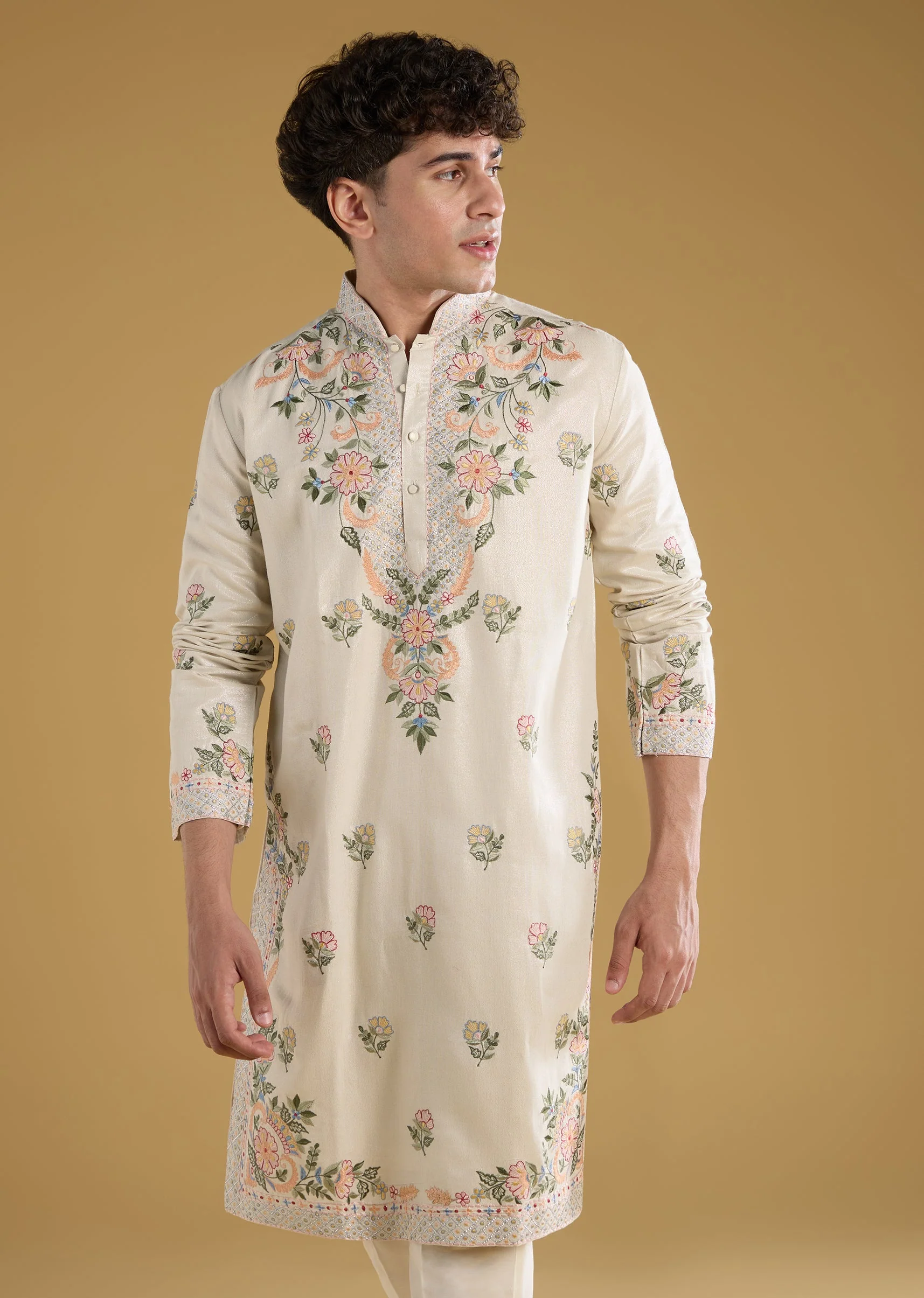 Ivory Mens Kurta Set With Resham Detail - Image 4