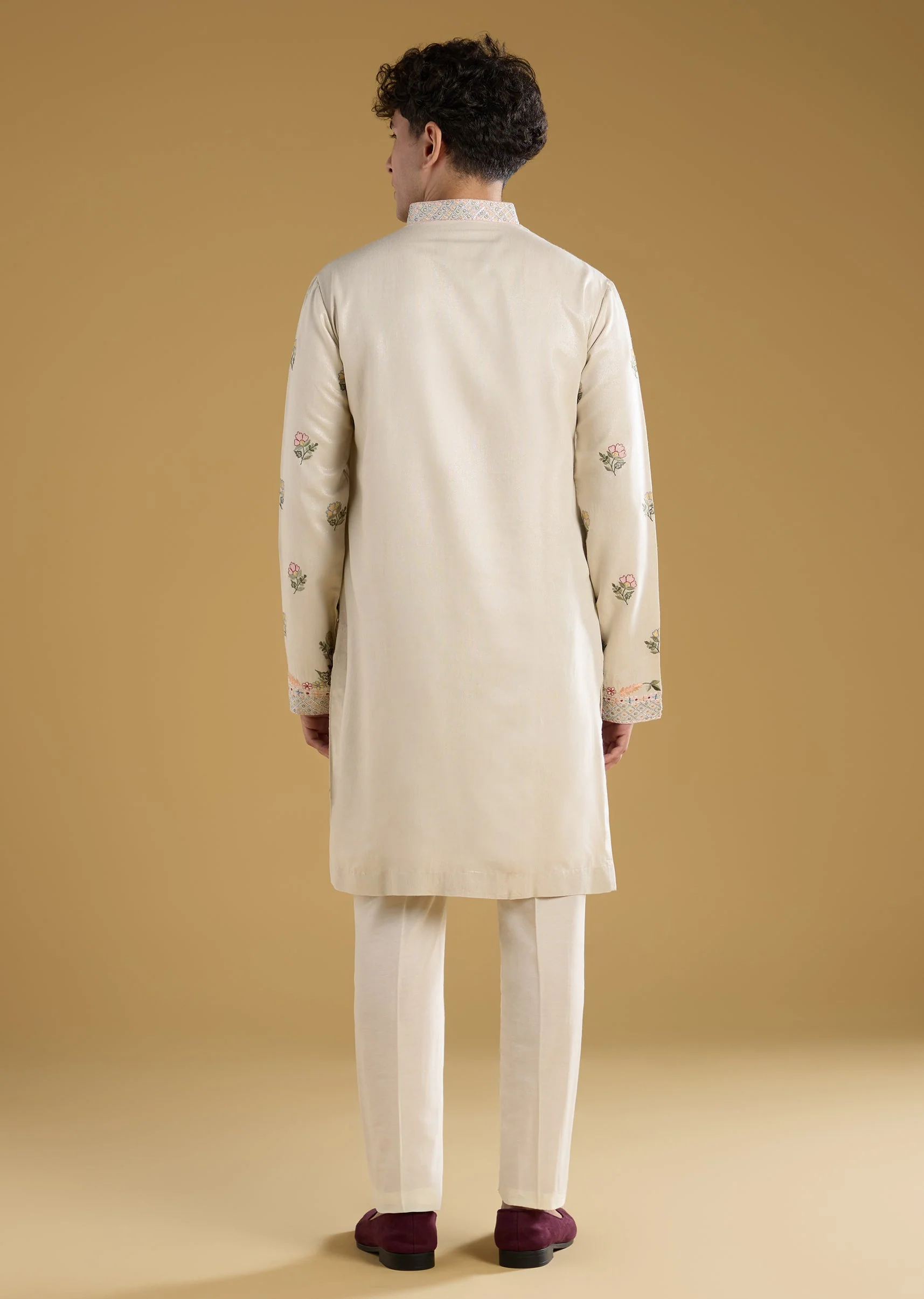 Ivory Mens Kurta Set With Resham Detail - Image 5