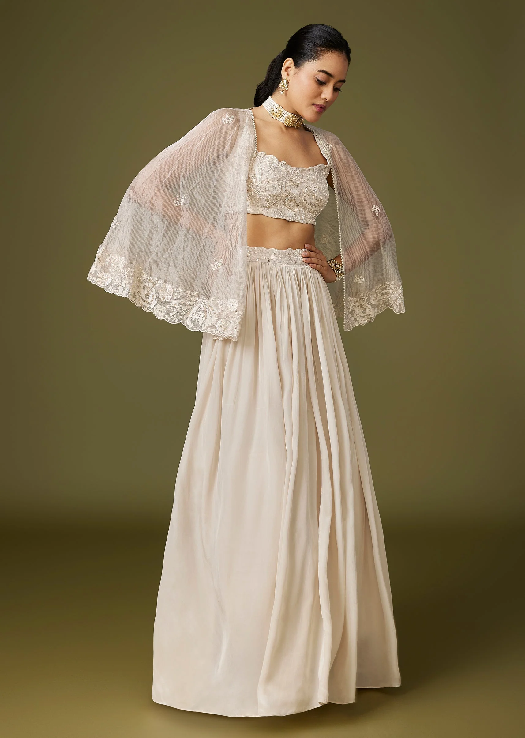 Ivory Minimal Cape Lehenga Set With Thread And Bead Detailing - Image 3