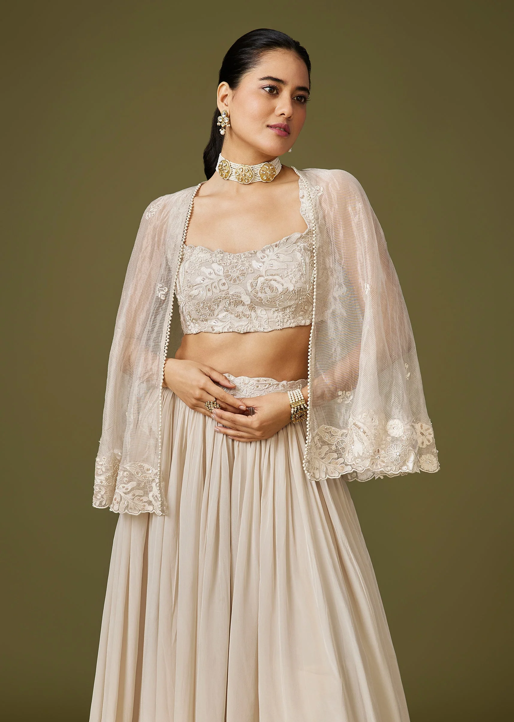 Ivory Minimal Cape Lehenga Set With Thread And Bead Detailing - Image 4