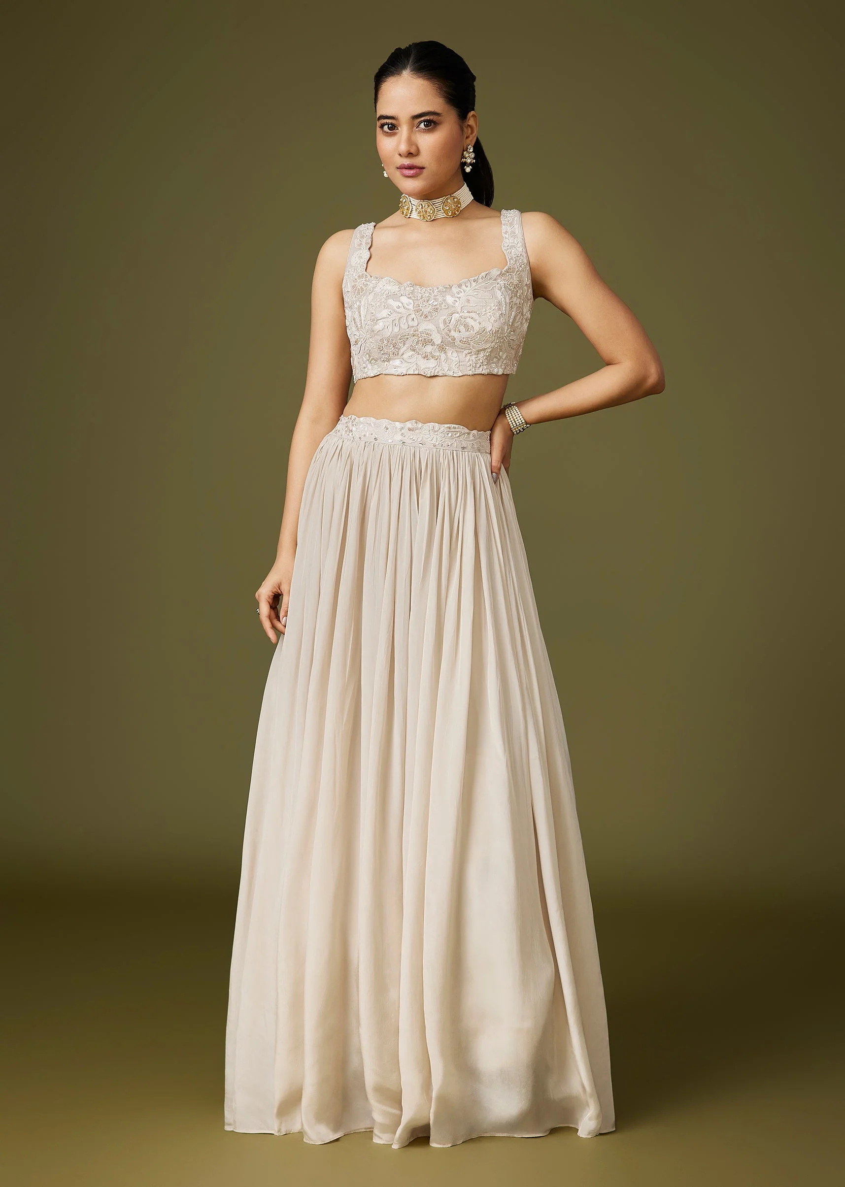 Ivory Minimal Cape Lehenga Set With Thread And Bead Detailing - Image 6