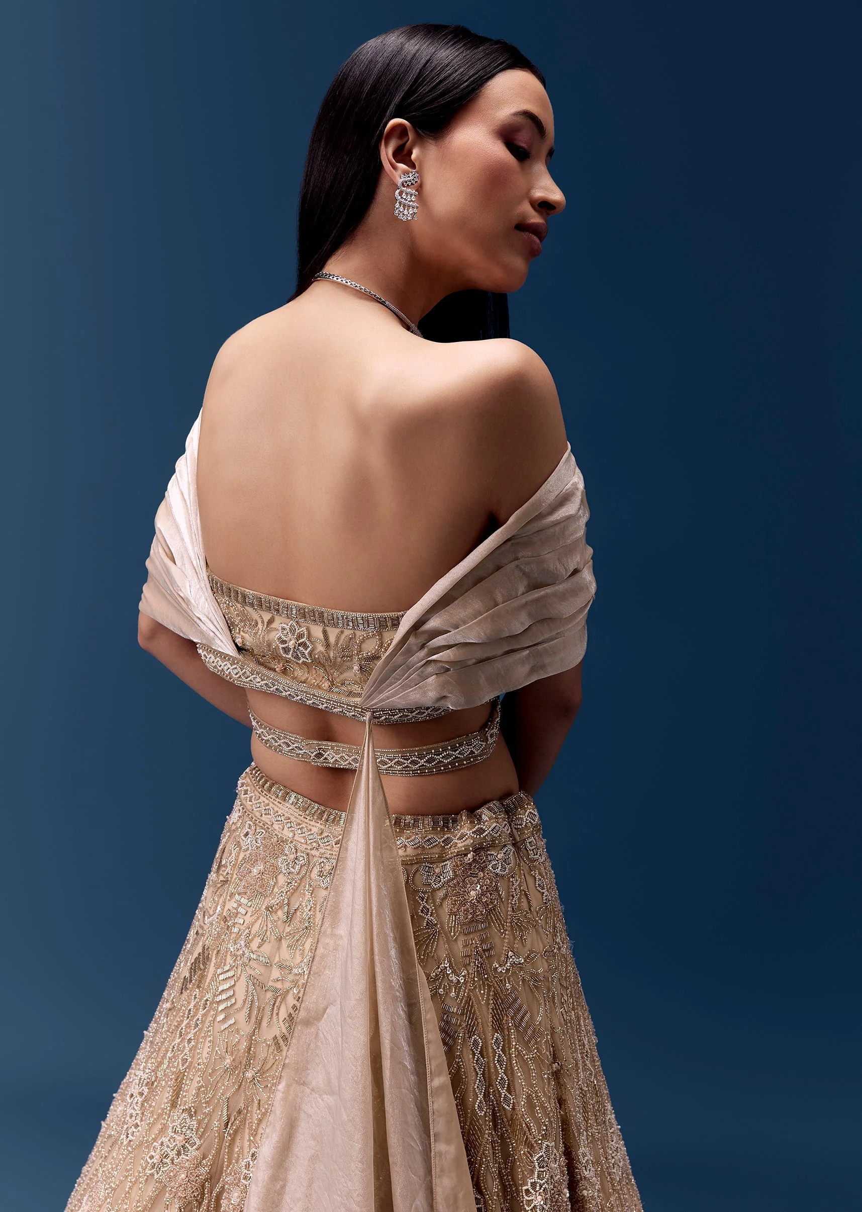 Ivory Off Shoulder Draped Blouse with Embellished Lehenga - Image 5