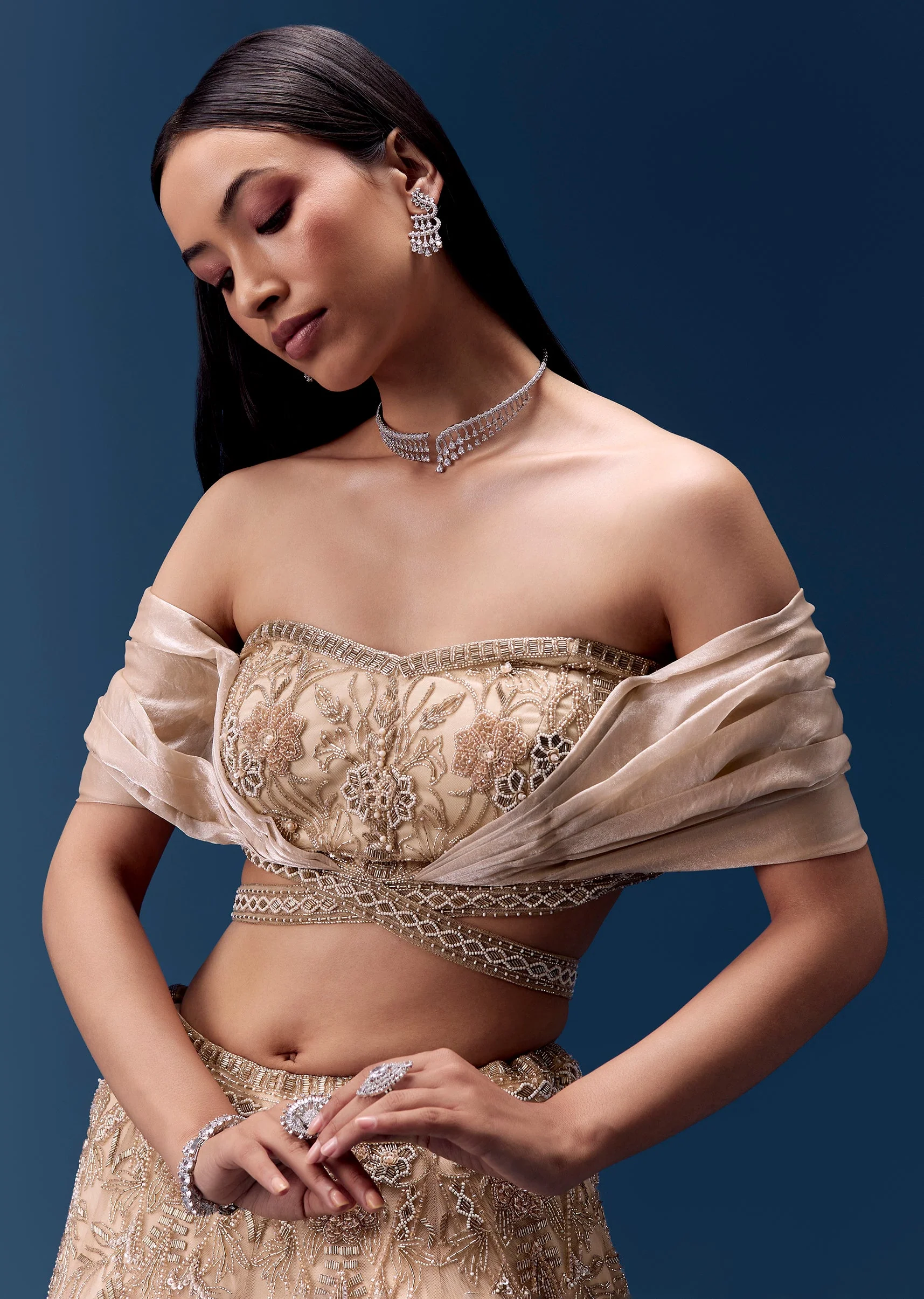 Ivory Off Shoulder Draped Blouse with Embellished Lehenga - Image 6