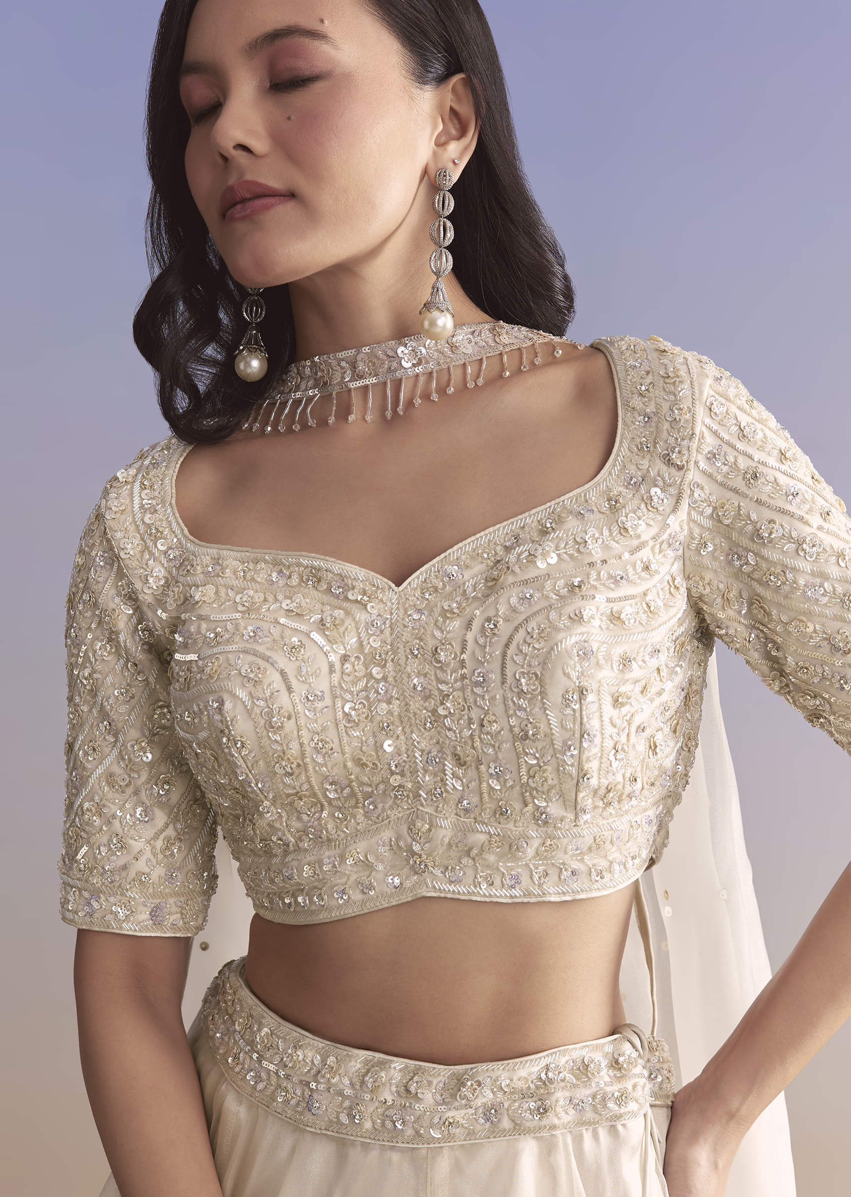Ivory Organza Bridesmaid Lehenga With Sequins And Cutdana Embroidery - Image 3