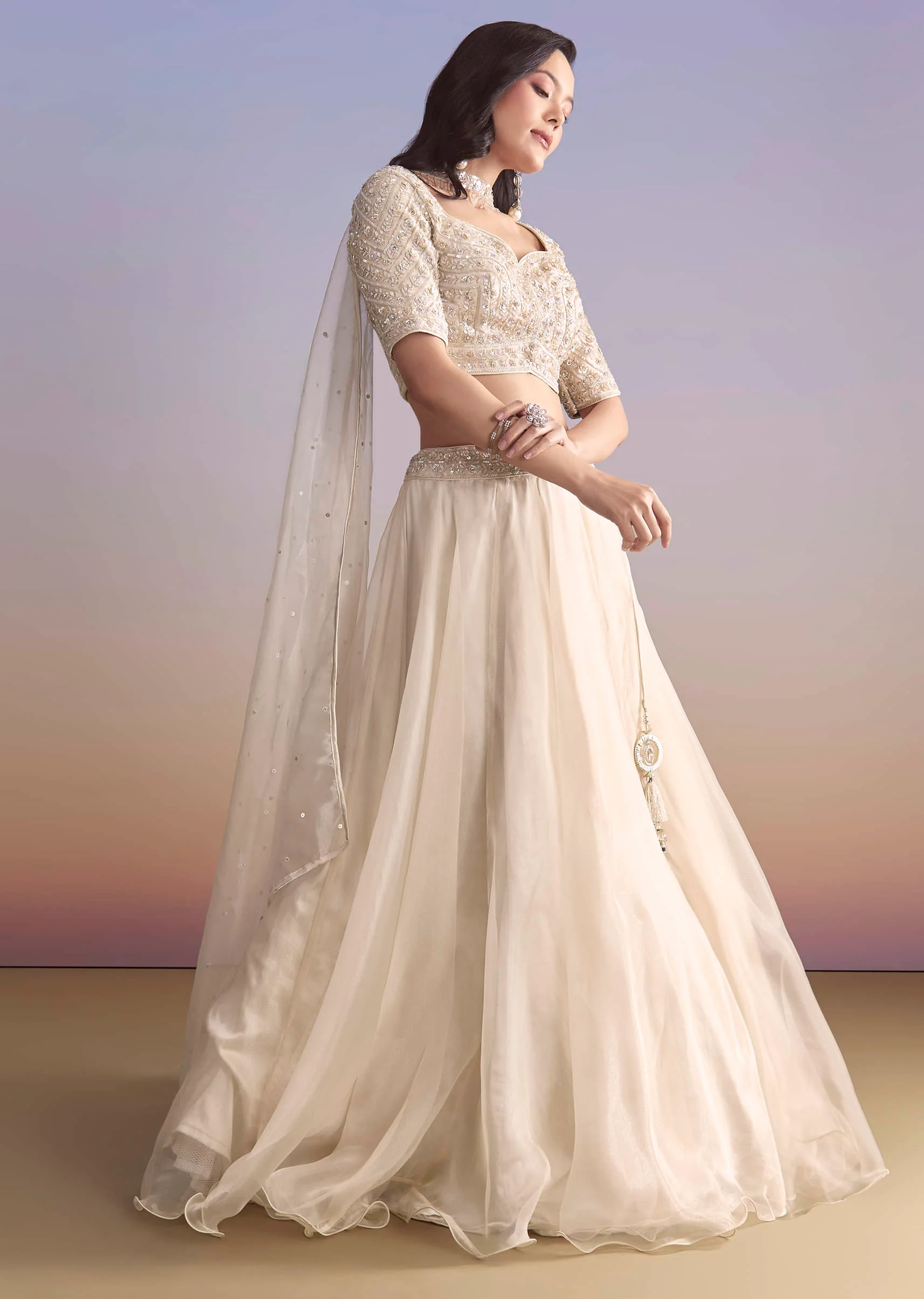 Ivory Organza Bridesmaid Lehenga With Sequins And Cutdana Embroidery - Image 4