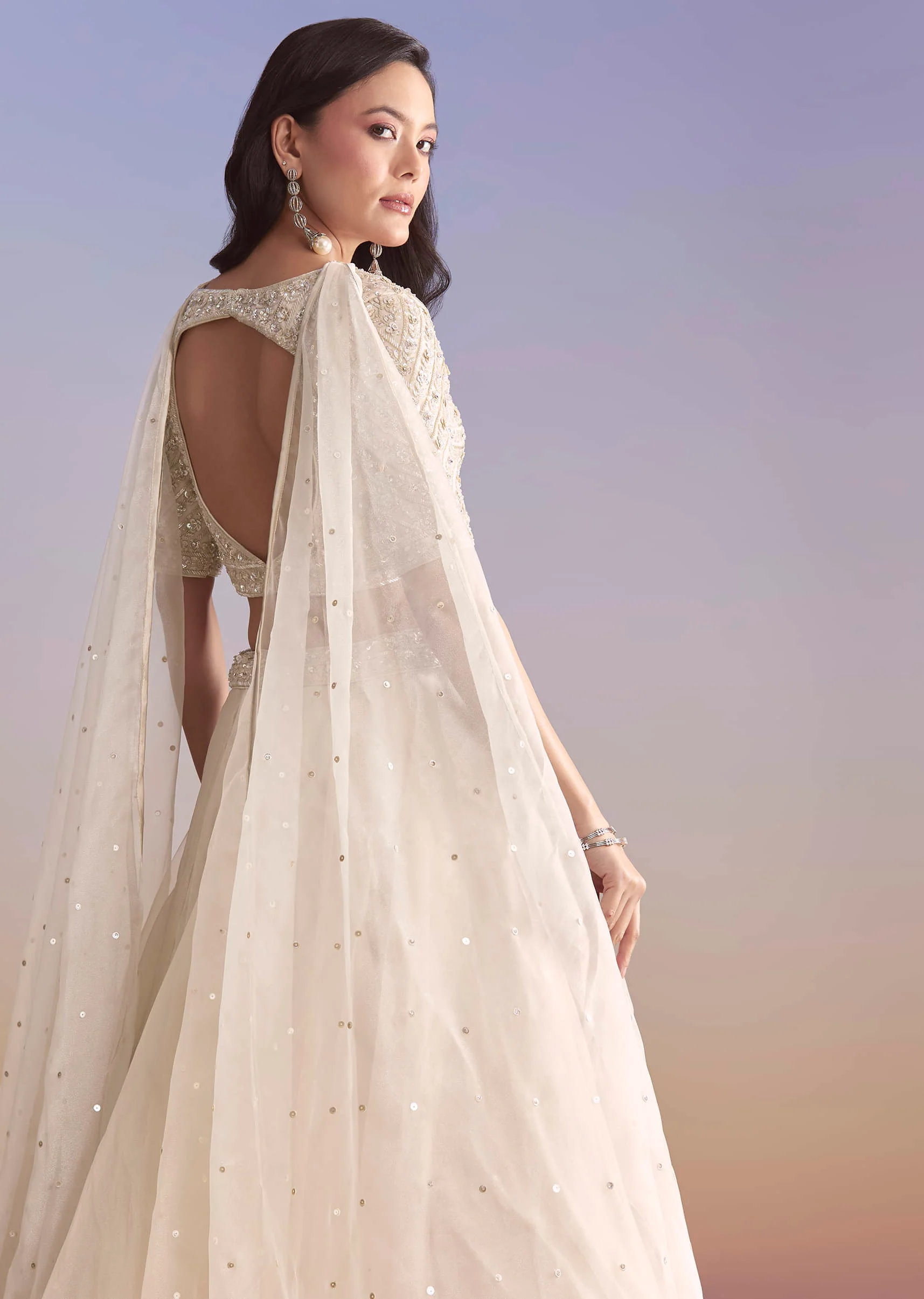 Ivory Organza Bridesmaid Lehenga With Sequins And Cutdana Embroidery - Image 6