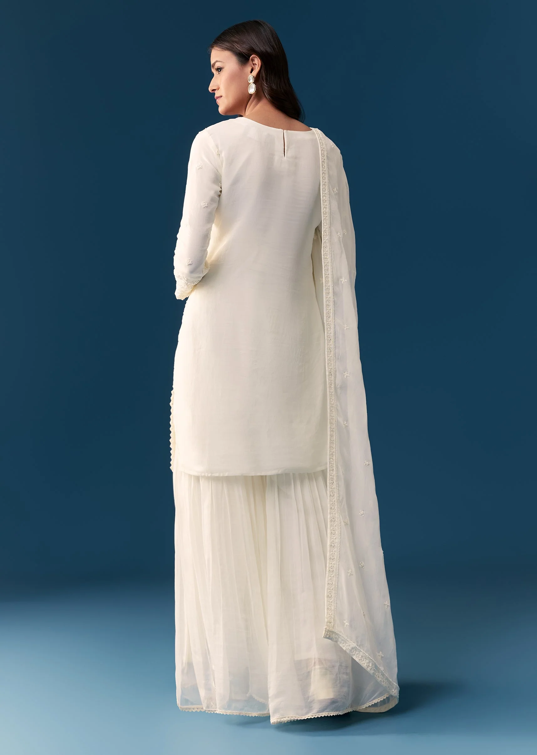 Ivory Organza Sharara Set With Resham And Moti Work - Image 5