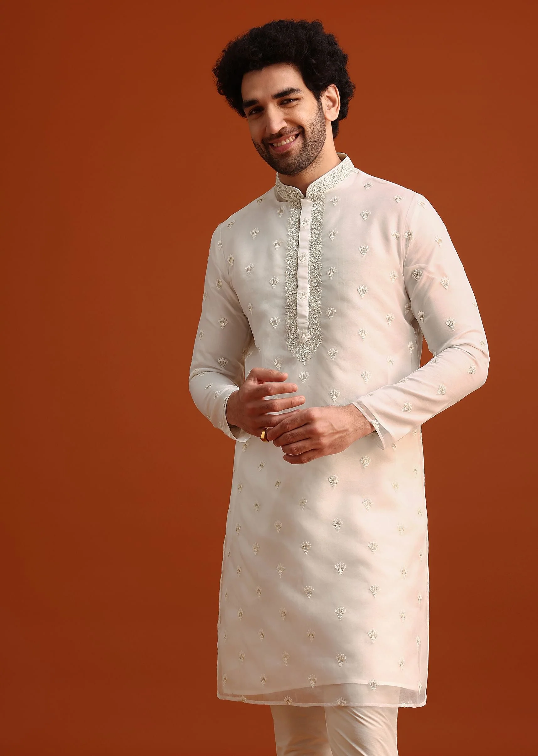Ivory Organza Zari Embroidered Kurta Set With Butti Work - Image 3