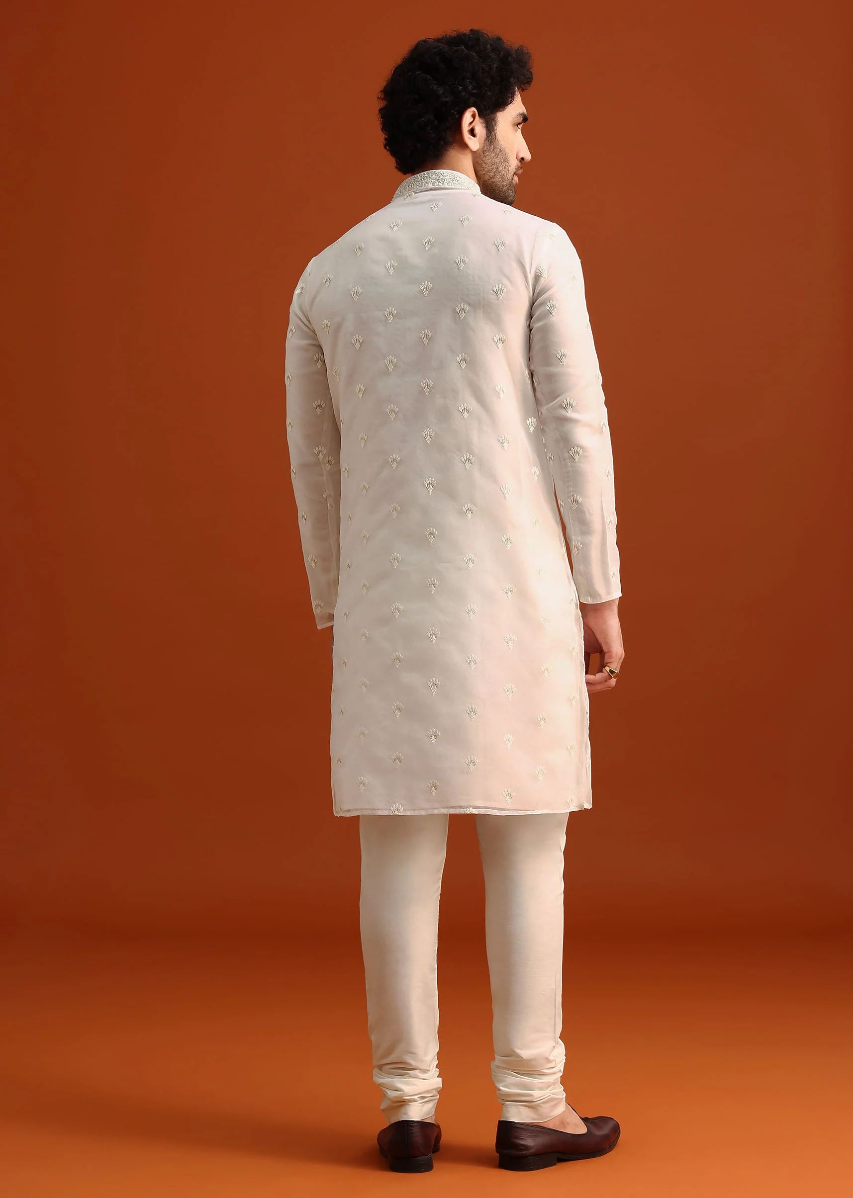 Ivory Organza Zari Embroidered Kurta Set With Butti Work - Image 5