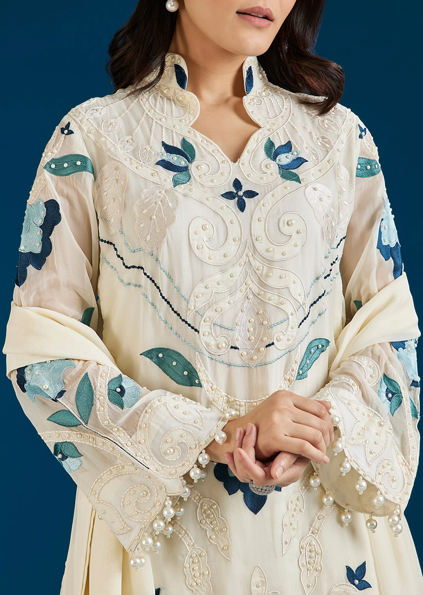Ivory Patch Work Palazzo Suit With Dupatta - Image 2