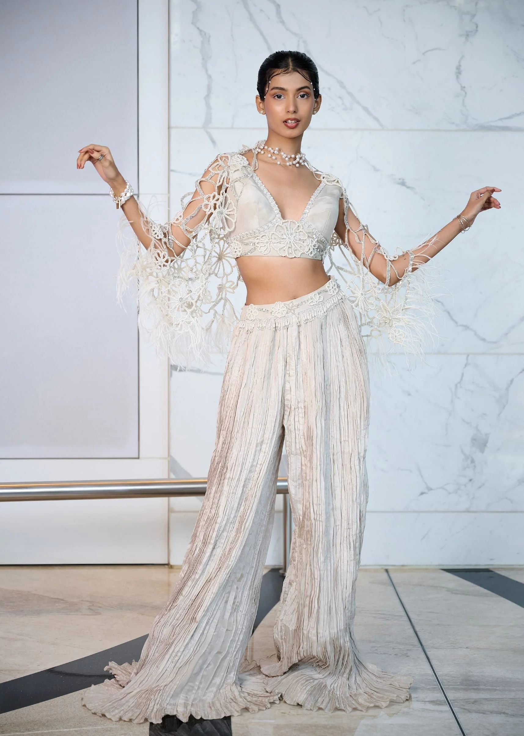 Ivory Patchwork Blouse With Cutwork Jacket And Ruched Palazzo - Image 2
