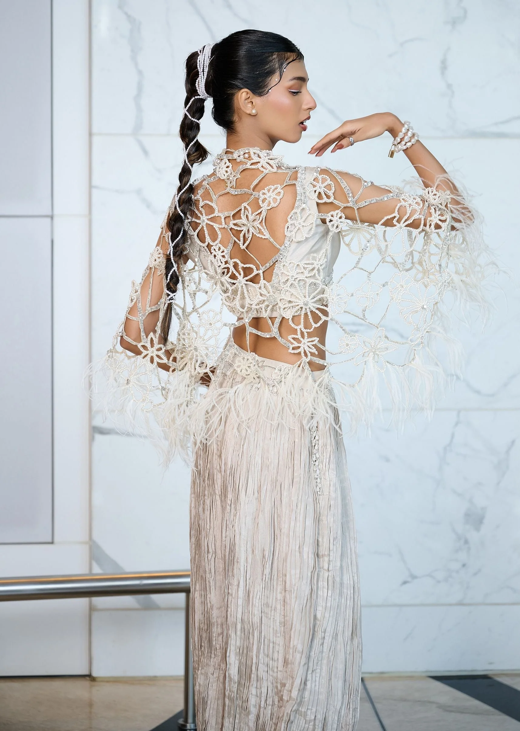 Ivory Patchwork Blouse With Cutwork Jacket And Ruched Palazzo - Image 3