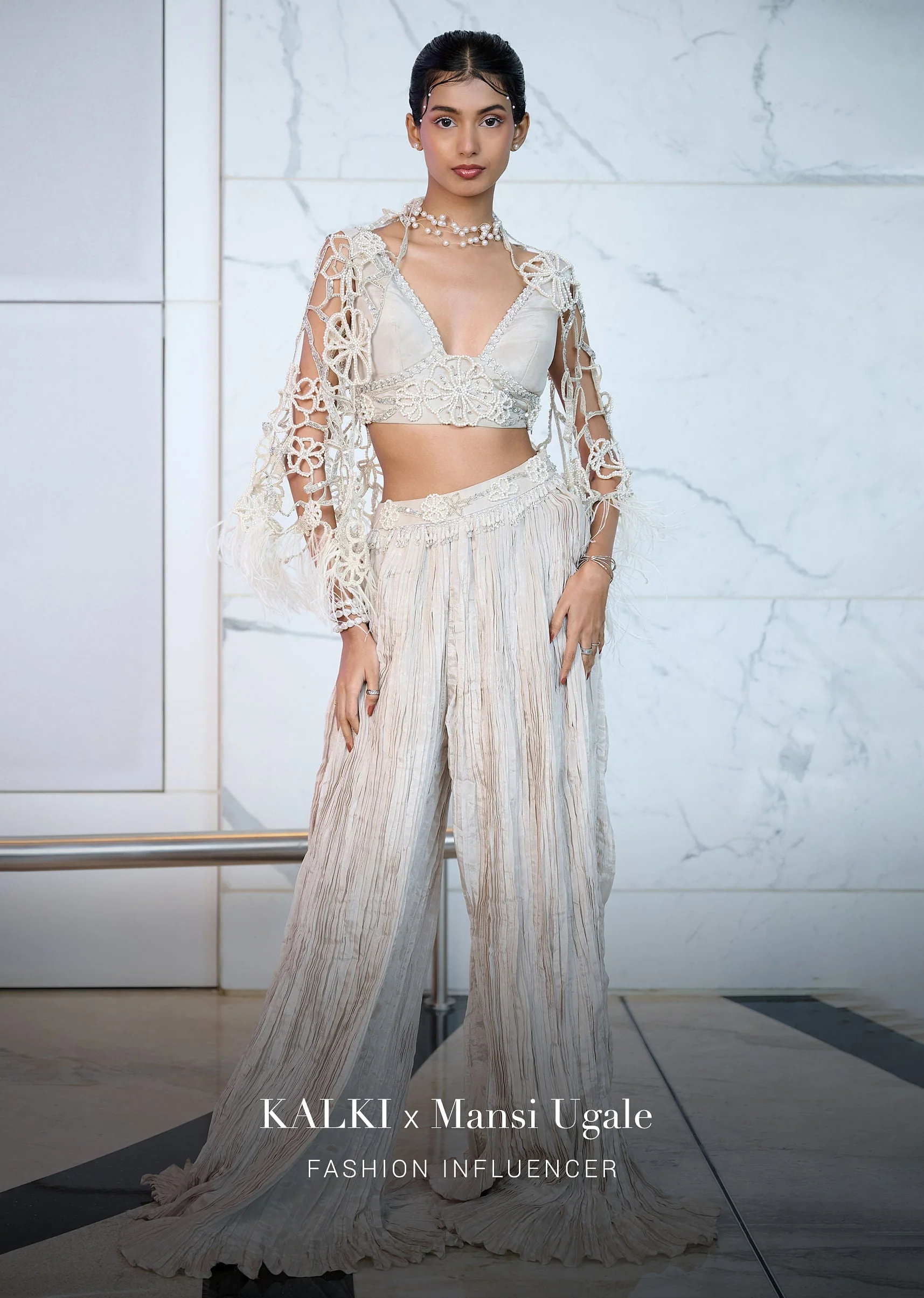 Ivory Patchwork Blouse With Cutwork Jacket And Ruched Palazzo - Image 4