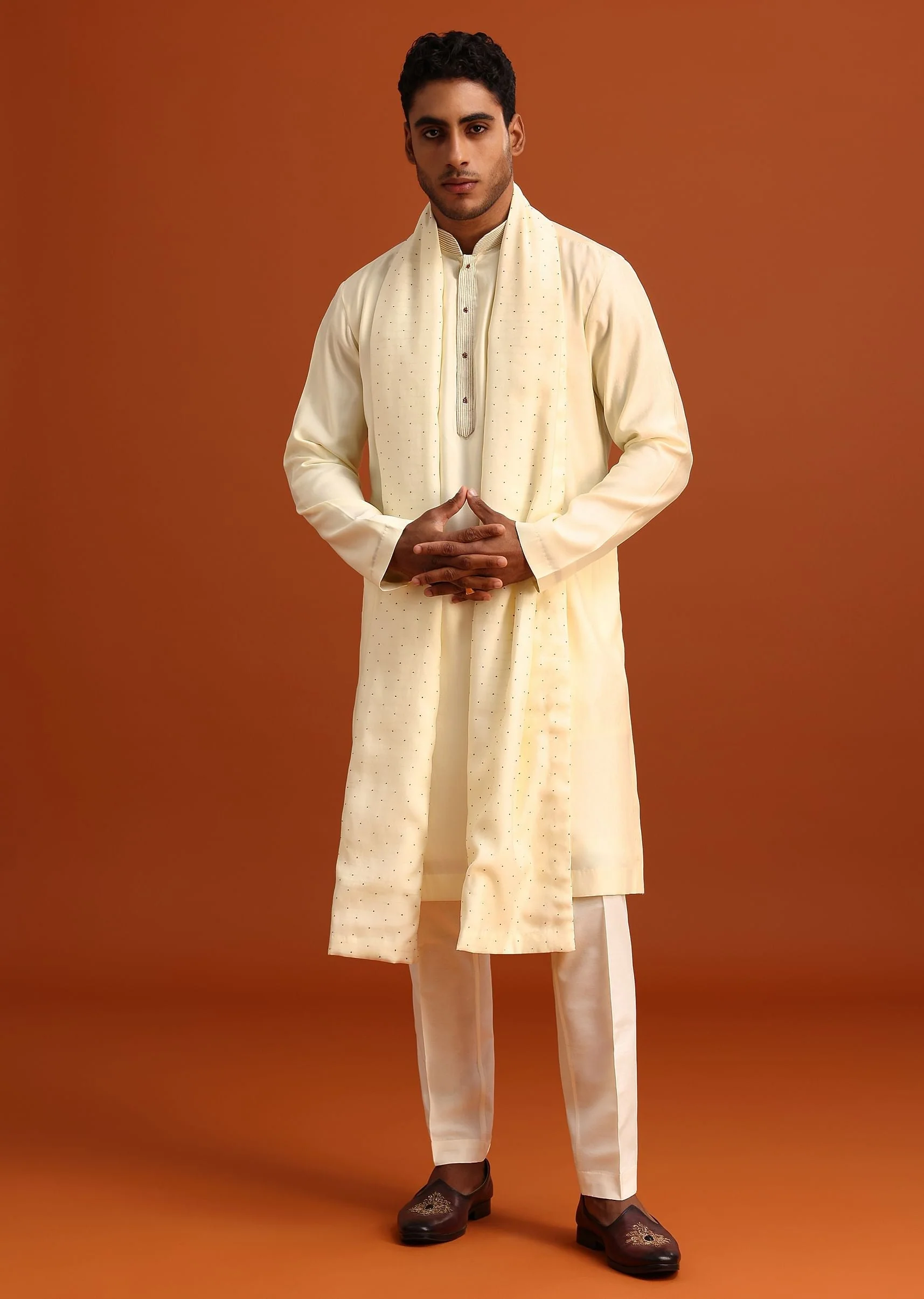 Ivory Plain Kurta Set With Hand Work Dupatta - Image 2