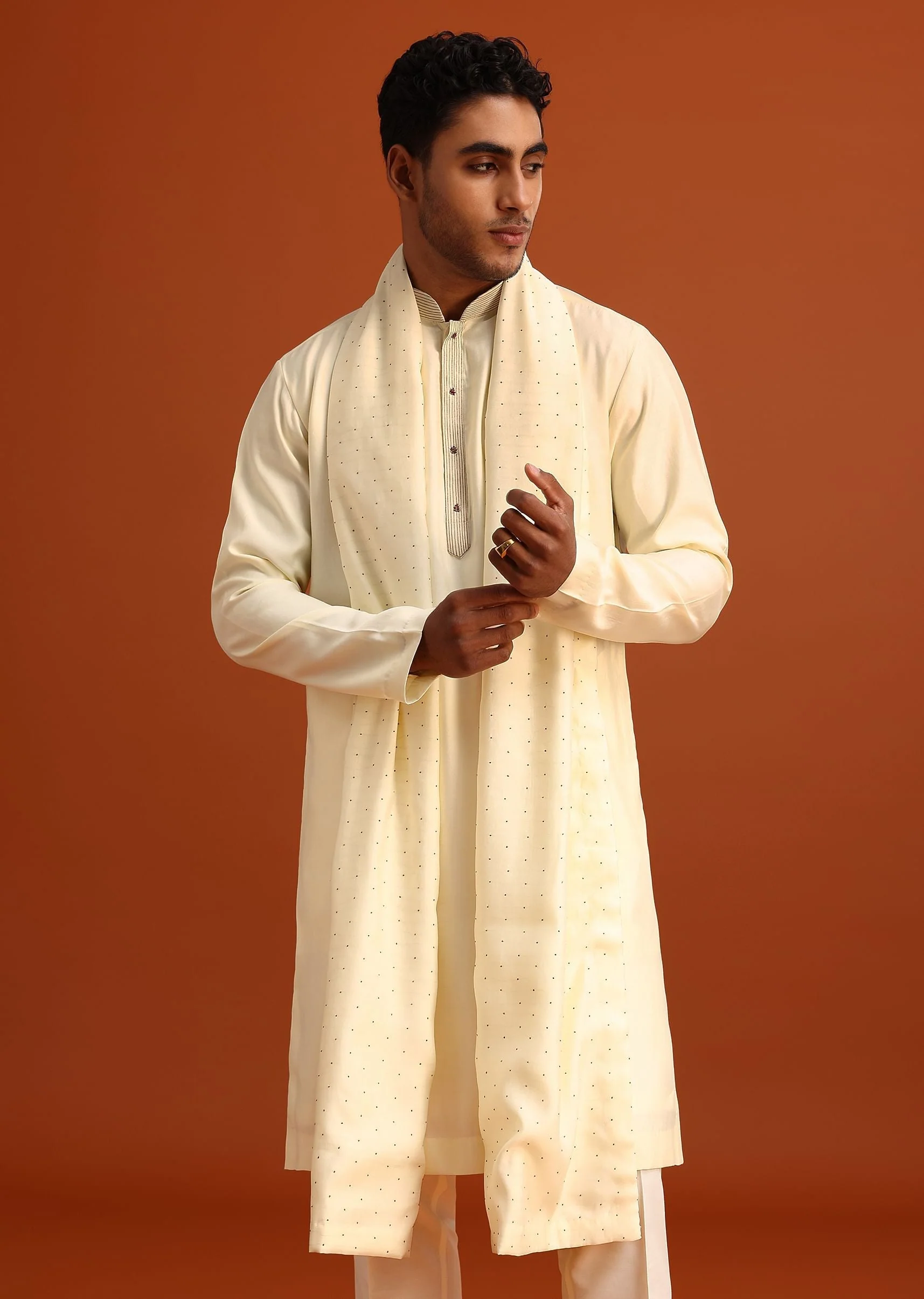Ivory Plain Kurta Set With Hand Work Dupatta - Image 3