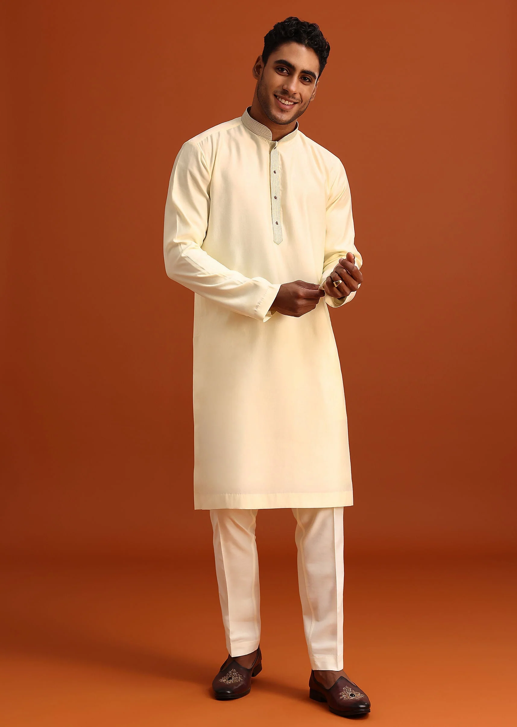 Ivory Plain Kurta Set With Hand Work Dupatta - Image 6