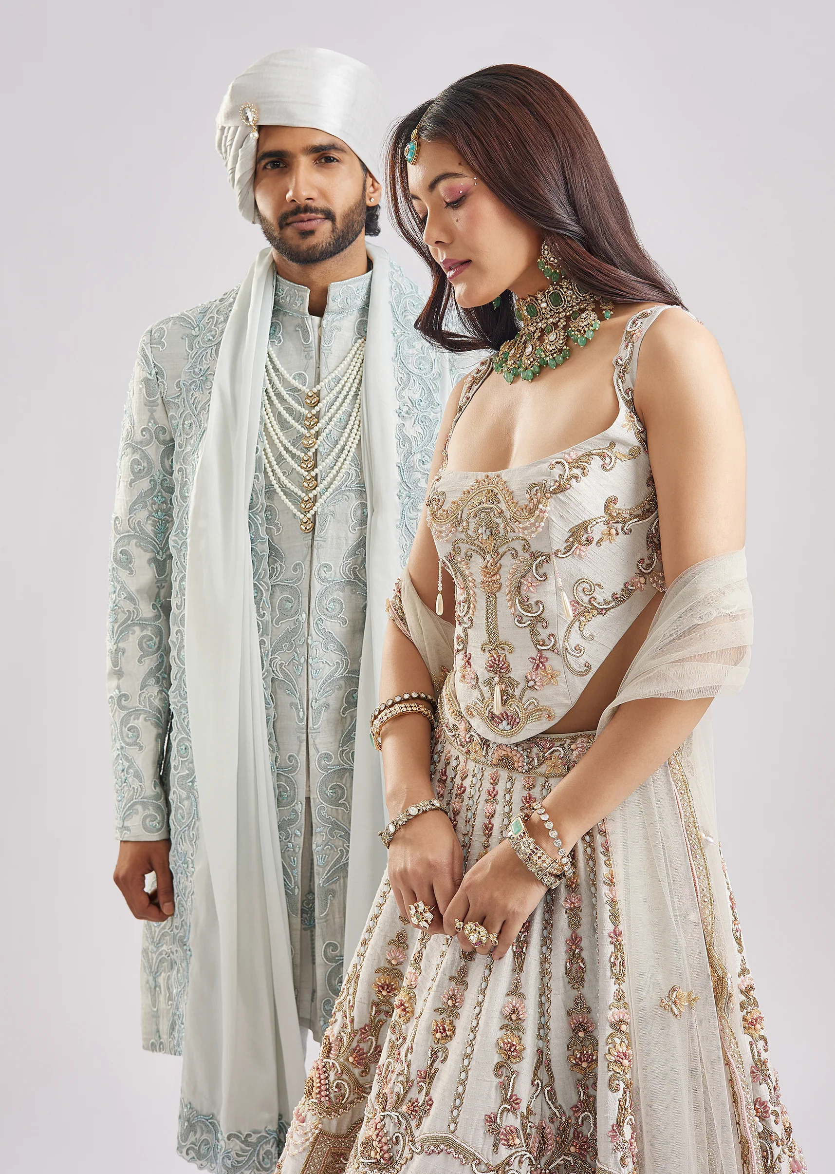 Ivory & Powder Blue Duo — Bridal Lehenga For Her And Sherwani For Him - Image 2