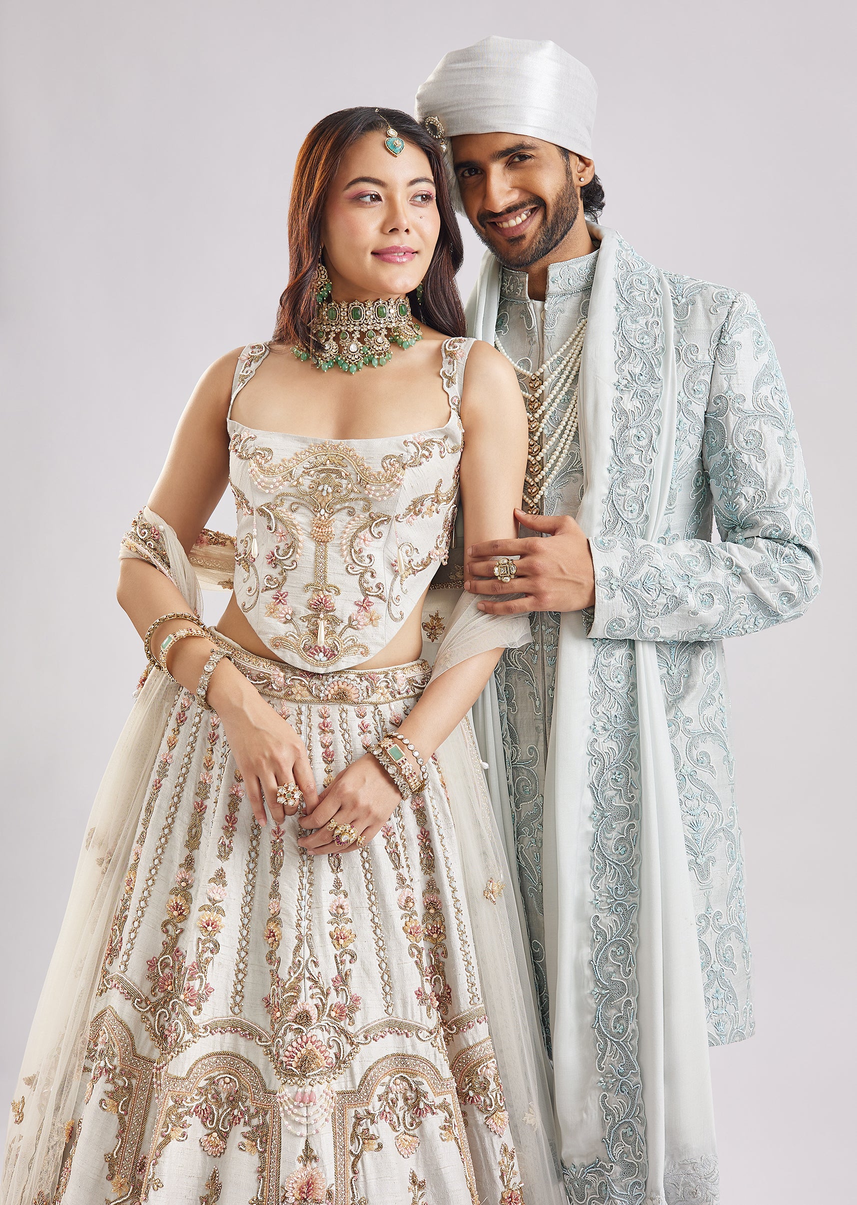 Ivory & Powder Blue Duo — Bridal Lehenga For Her And Sherwani For Him - Image 5