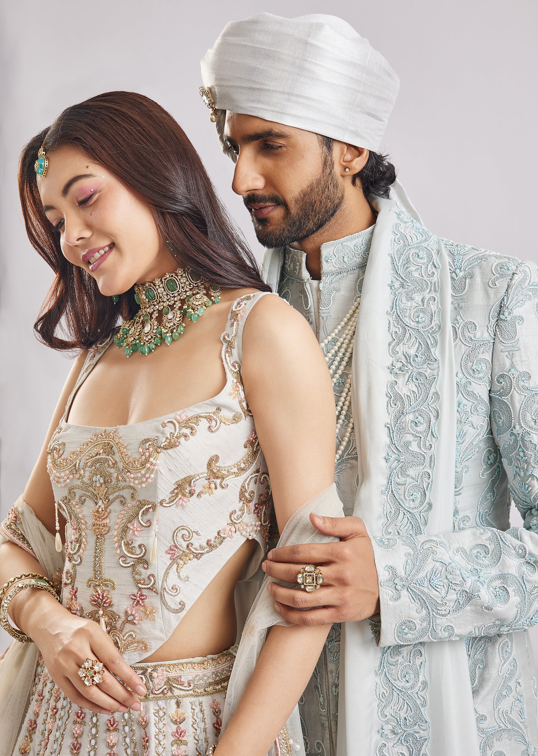 Ivory & Powder Blue Duo — Bridal Lehenga For Her And Sherwani For Him - Image 6