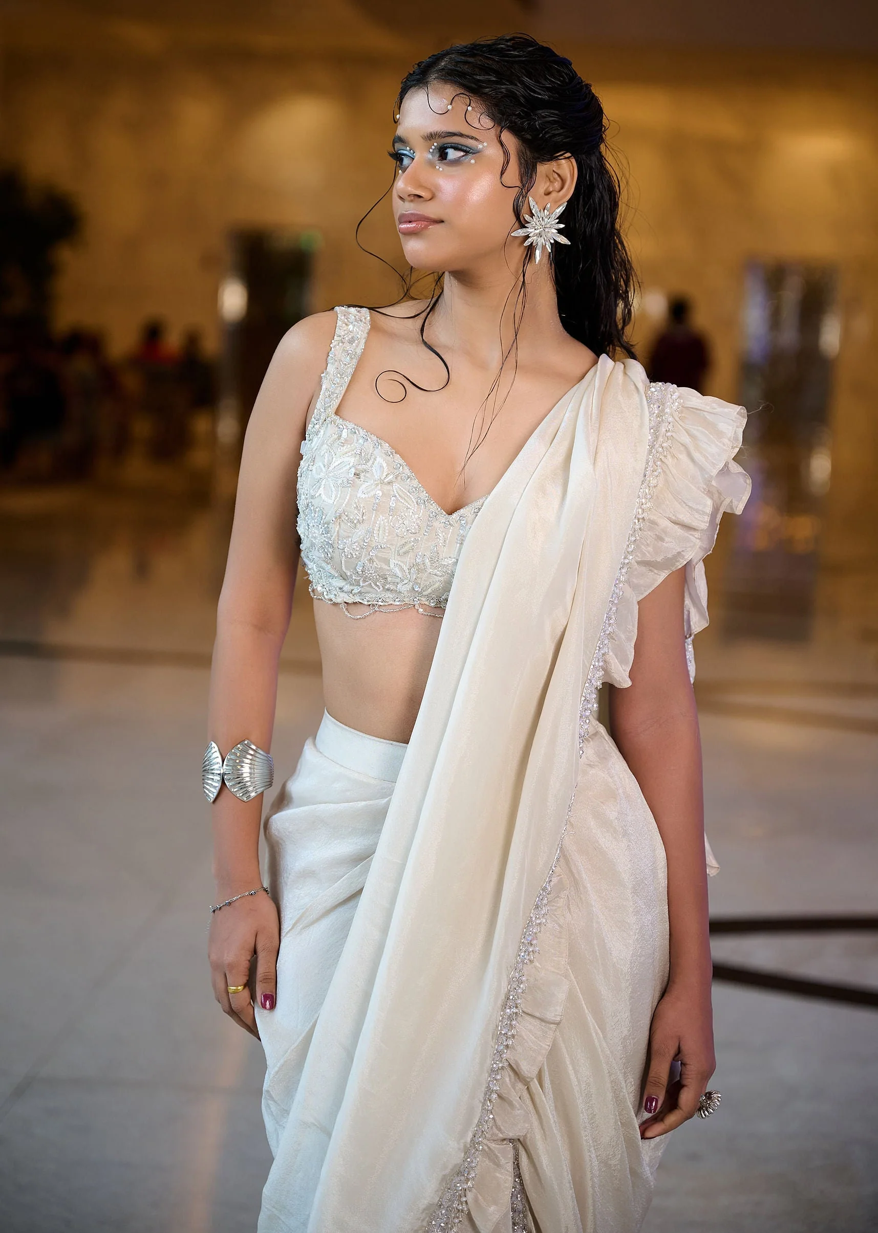 Ivory Pre-Stitched Frill Tissue Saree With Blouse - Image 3
