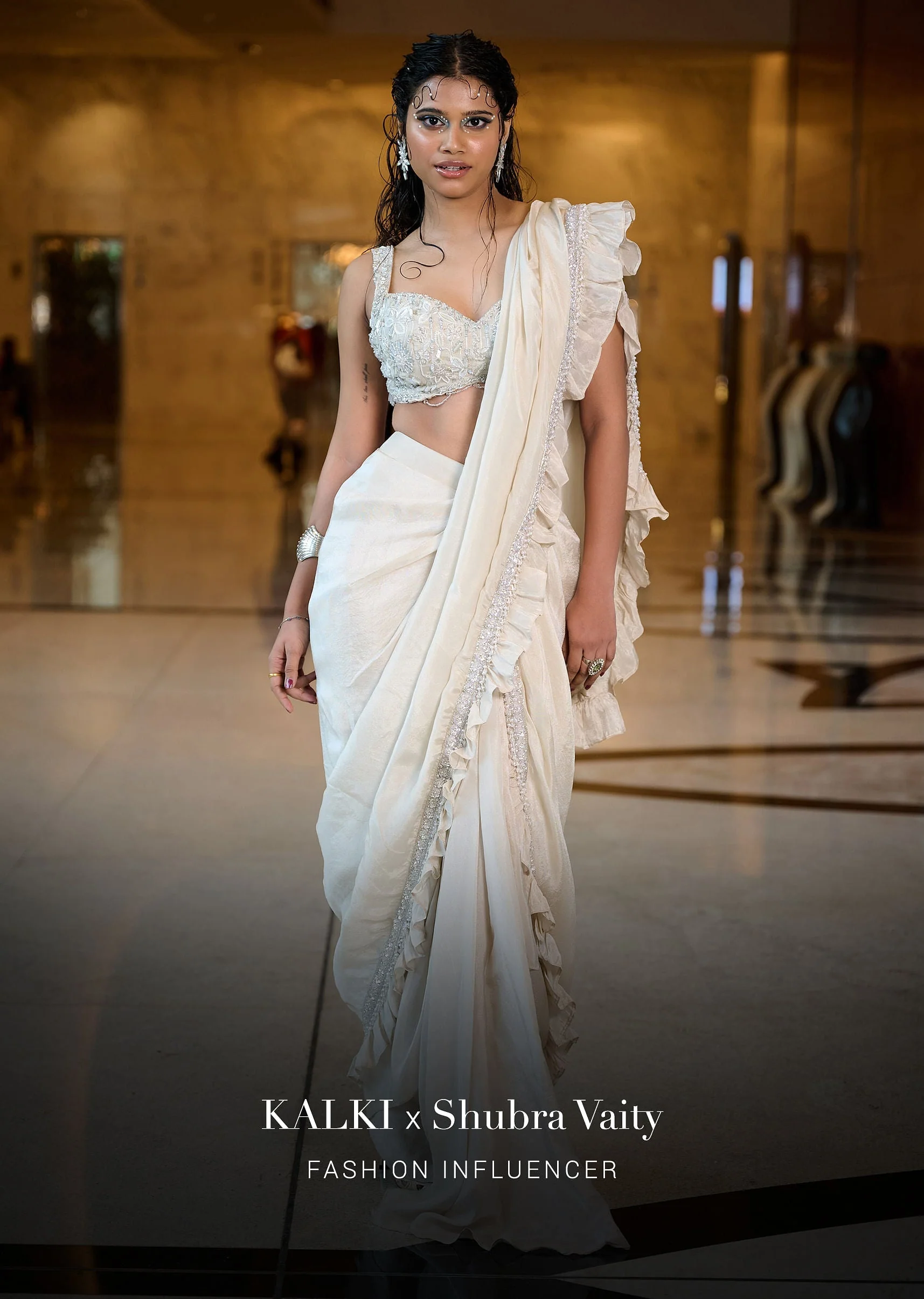 Ivory Pre-Stitched Frill Tissue Saree With Blouse - Image 4