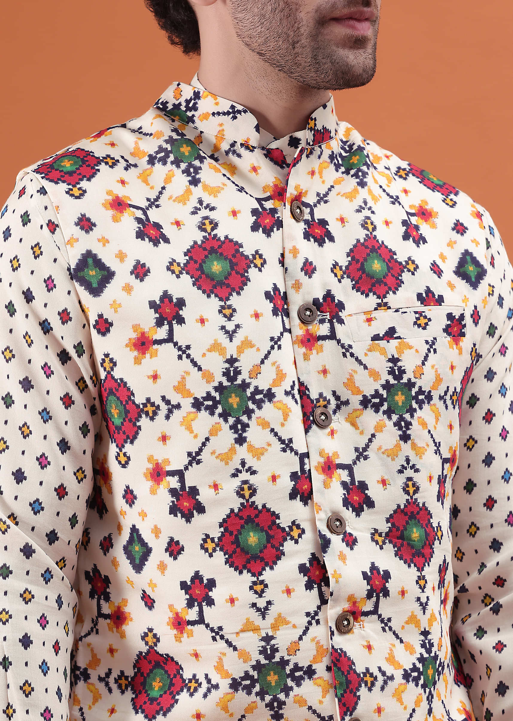 Ivory Patola Printed Kurta Jacket Set For Men - Image 3