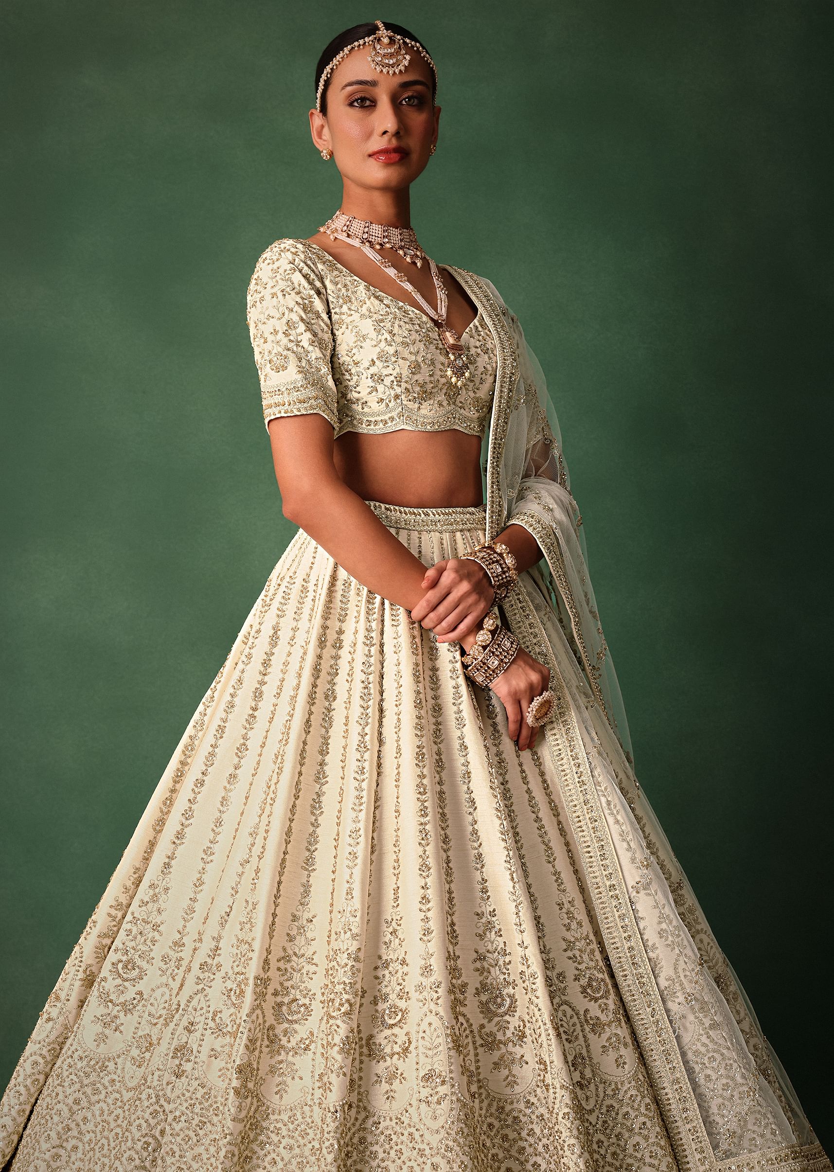 Ivory Raw Silk Hand Embroidered Lehenga Set In Cutdana Work - Image 5