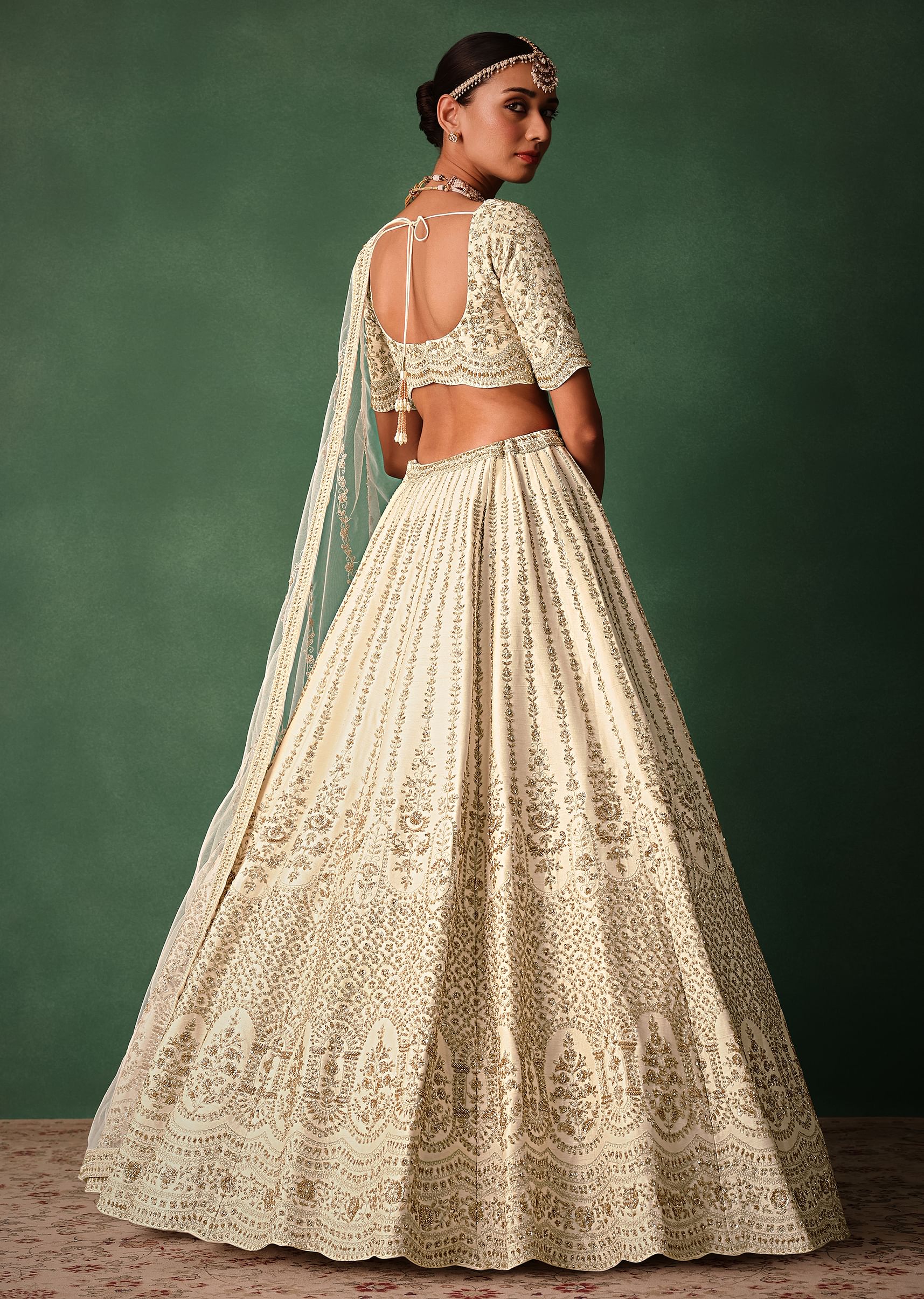 Ivory Raw Silk Hand Embroidered Lehenga Set In Cutdana Work - Image 6