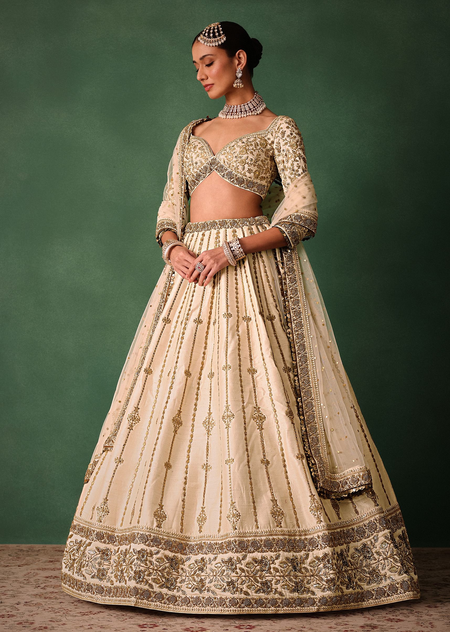 Ivory Raw Silk Hand Embroidered Lehenga Set With Net Dupatta - Image 3
