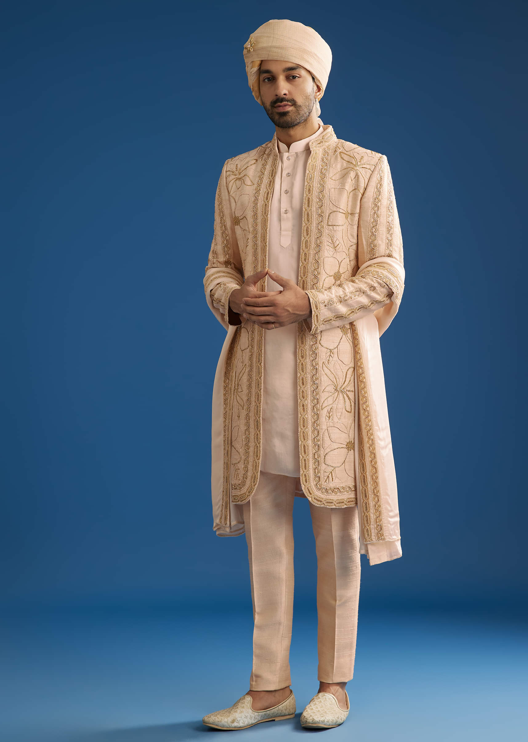 Ivory Raw Silk Sherwani Set With Mixed Hand Work And Organza Satin Accents - Image 3
