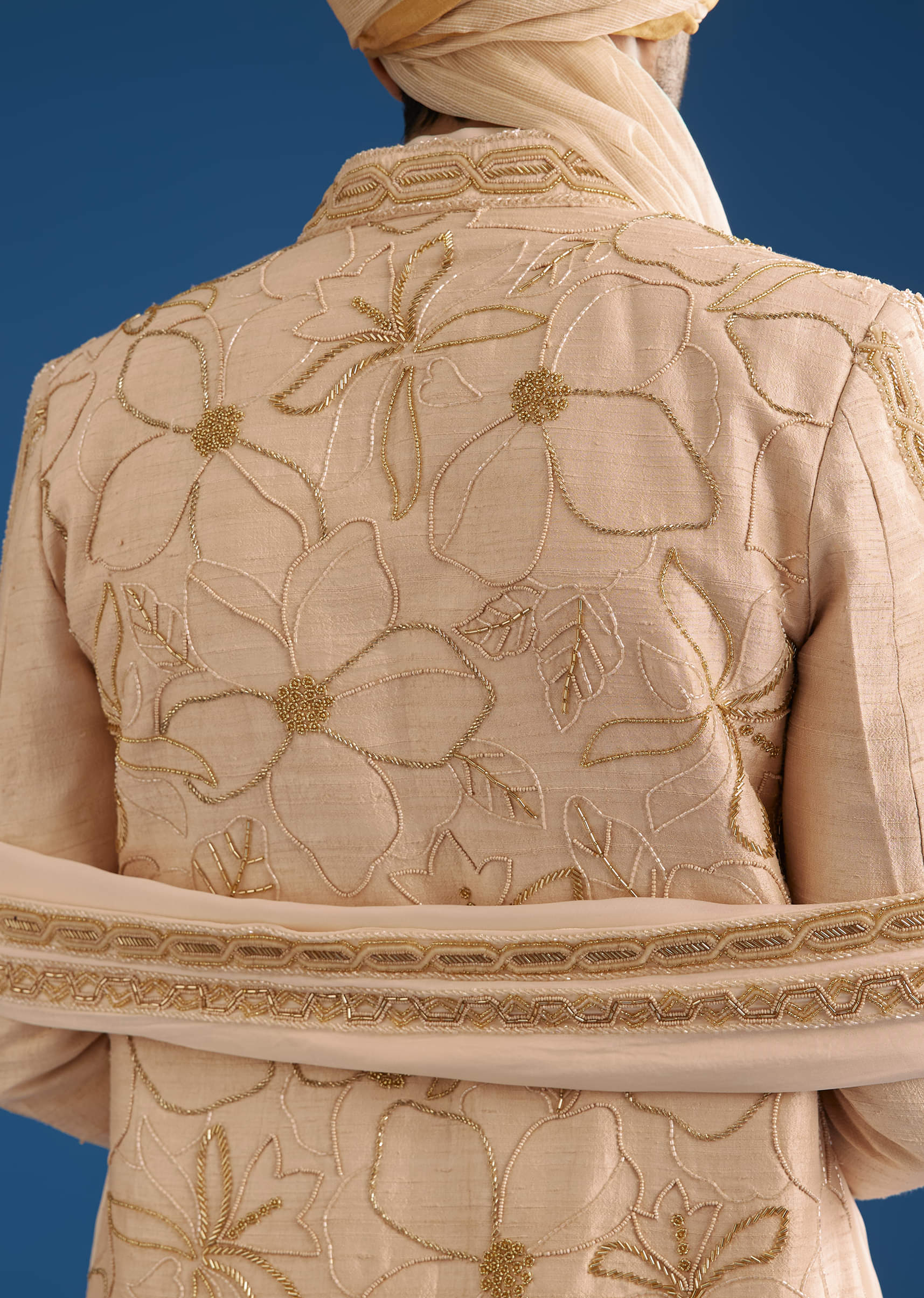 Ivory Raw Silk Sherwani Set With Mixed Hand Work And Organza Satin Accents - Image 5