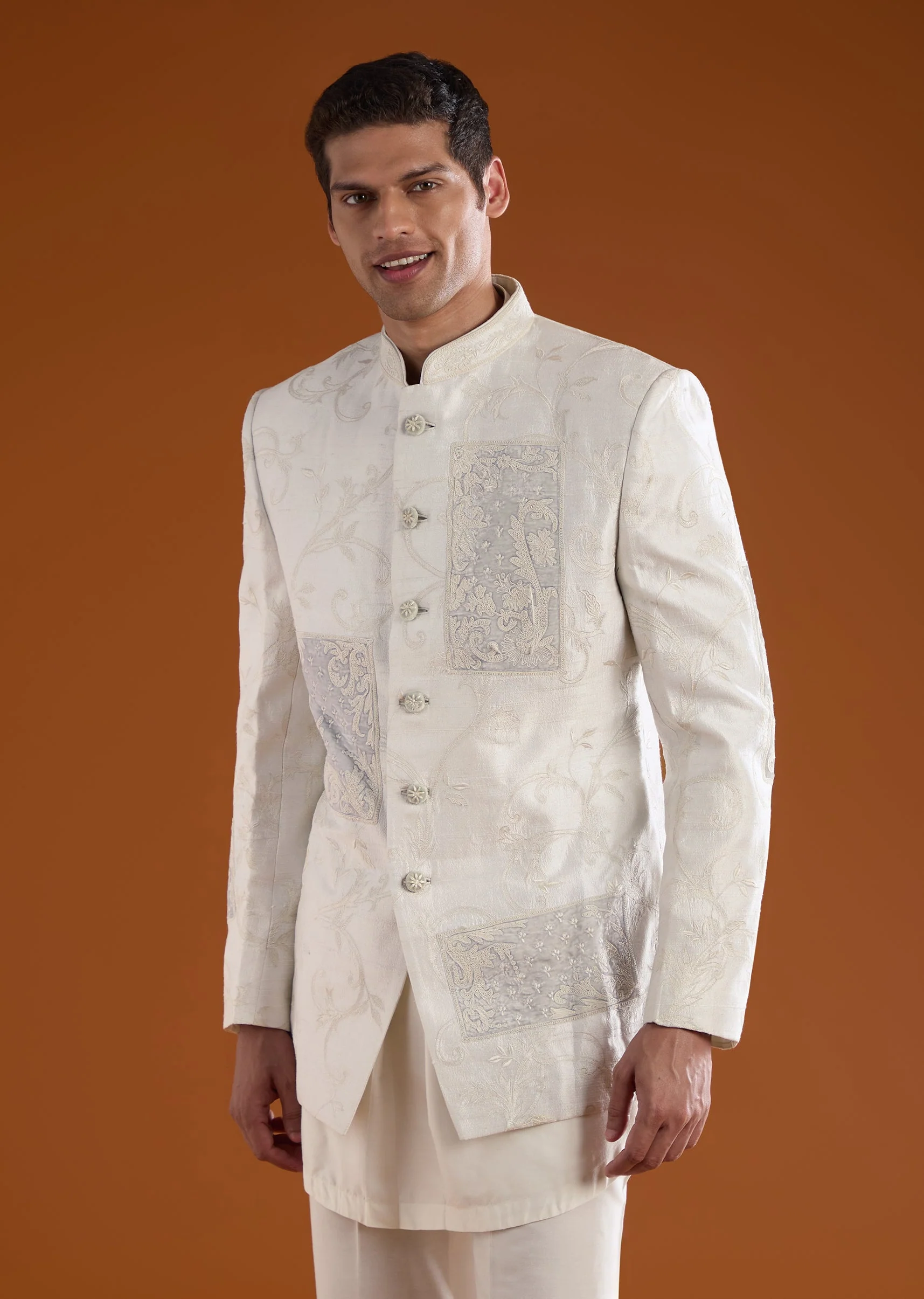 Ivory Rawsilk Indowestern Kurta Set with Dori Embroidery