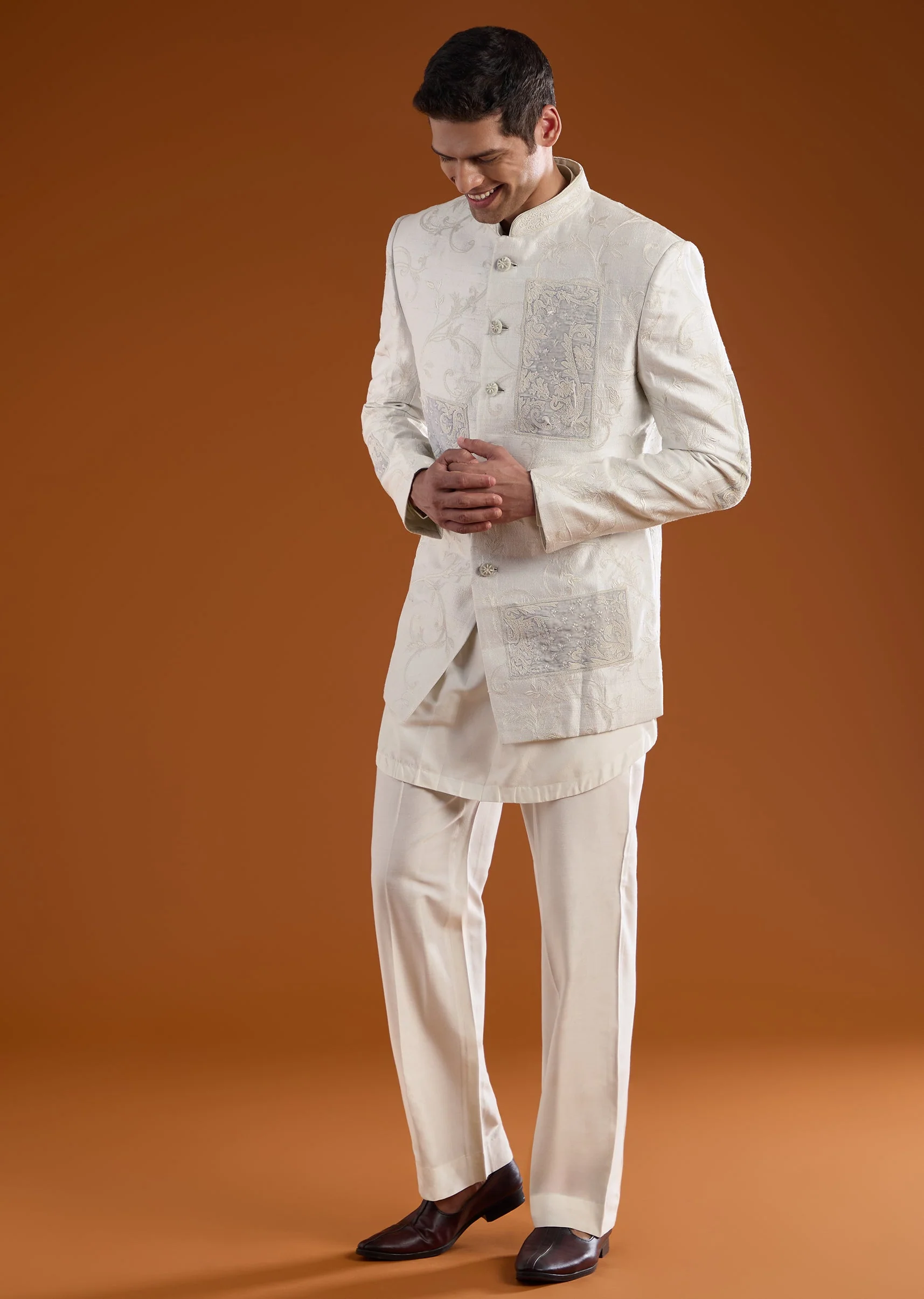 Ivory Rawsilk Indowestern Kurta Set with Dori Embroidery - Image 4