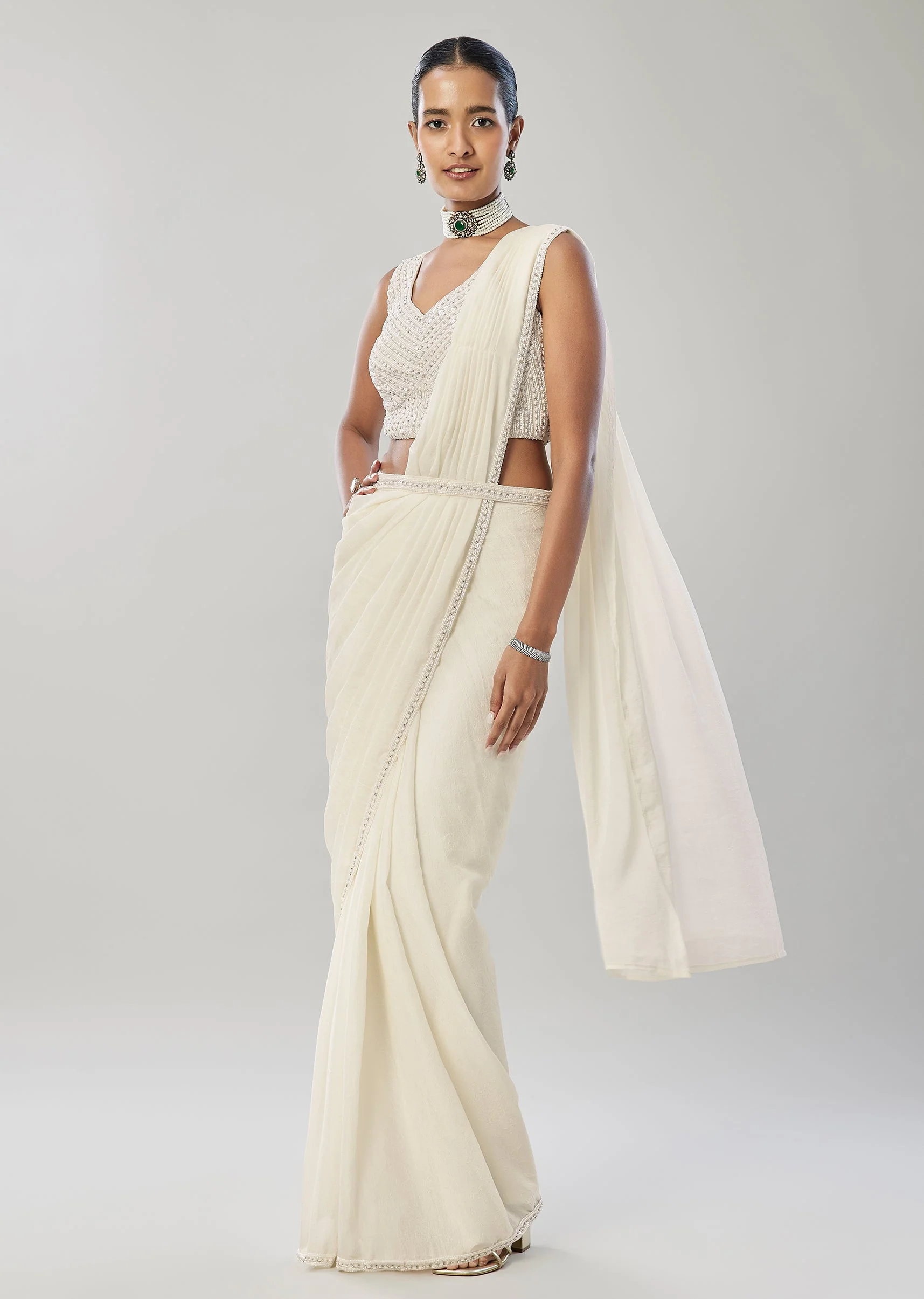 Ivory Ready Pleated Saree With Belt