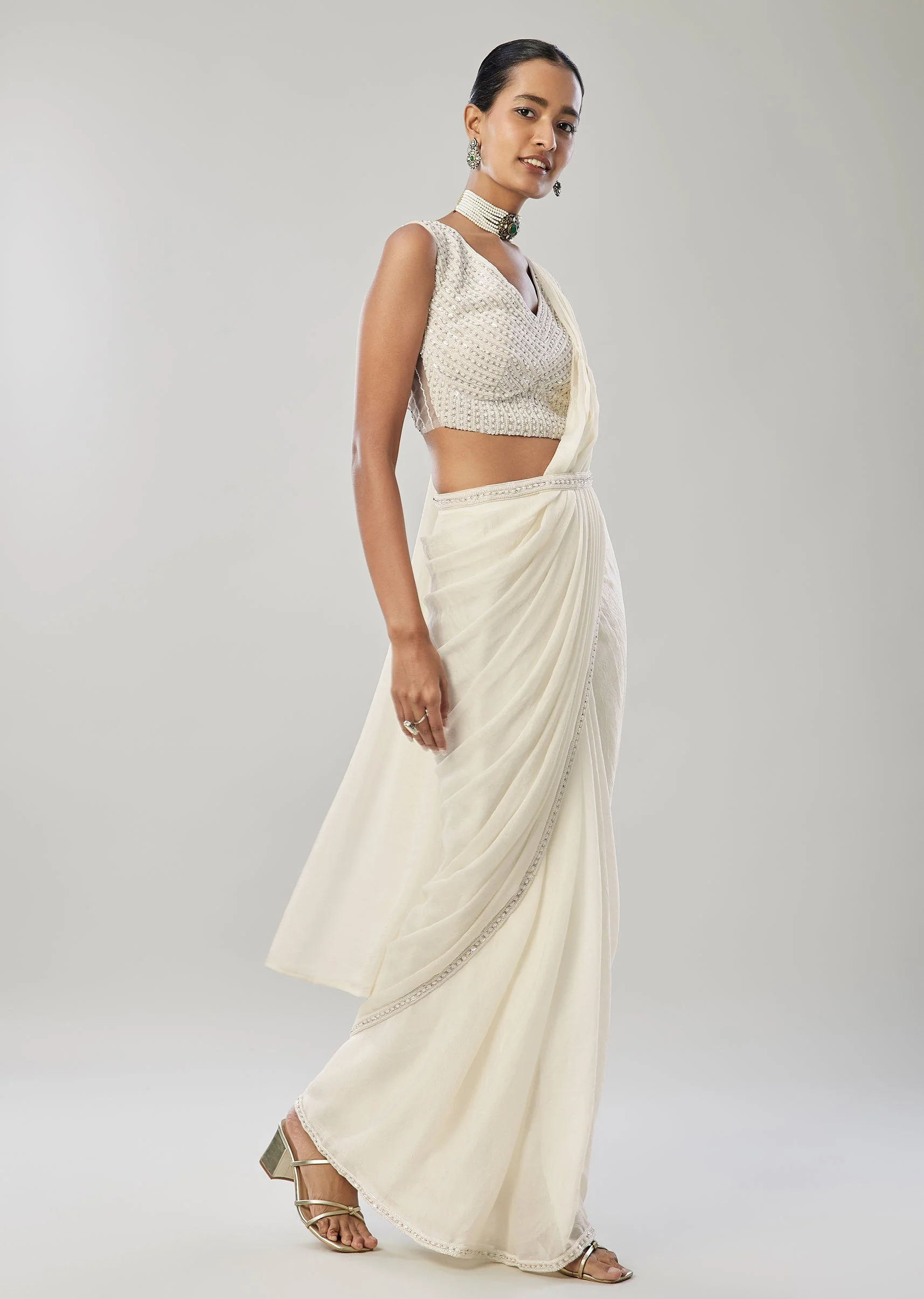 Ivory Ready Pleated Saree With Belt - Image 3