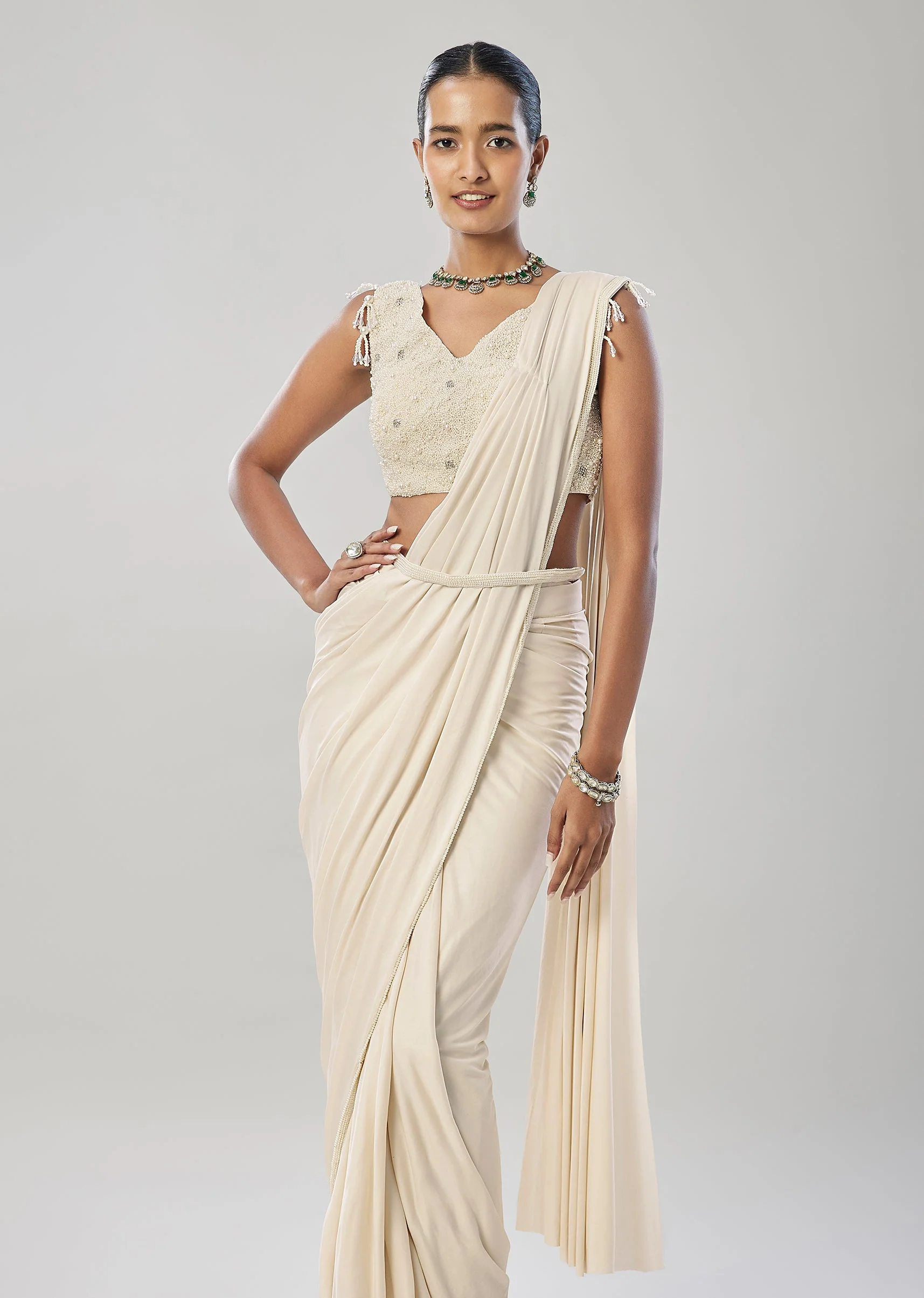 Ivory Ready Pleated Saree With Belt And Moti Work On Blouse - Image 4