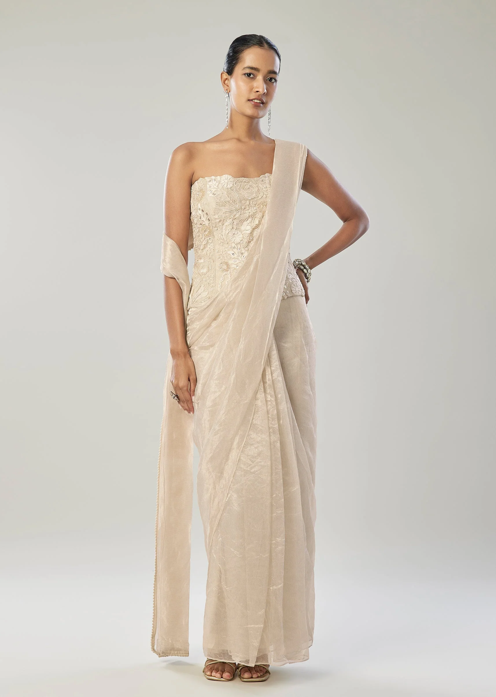 Ivory Ready Pleated Saree With Corset Blouse