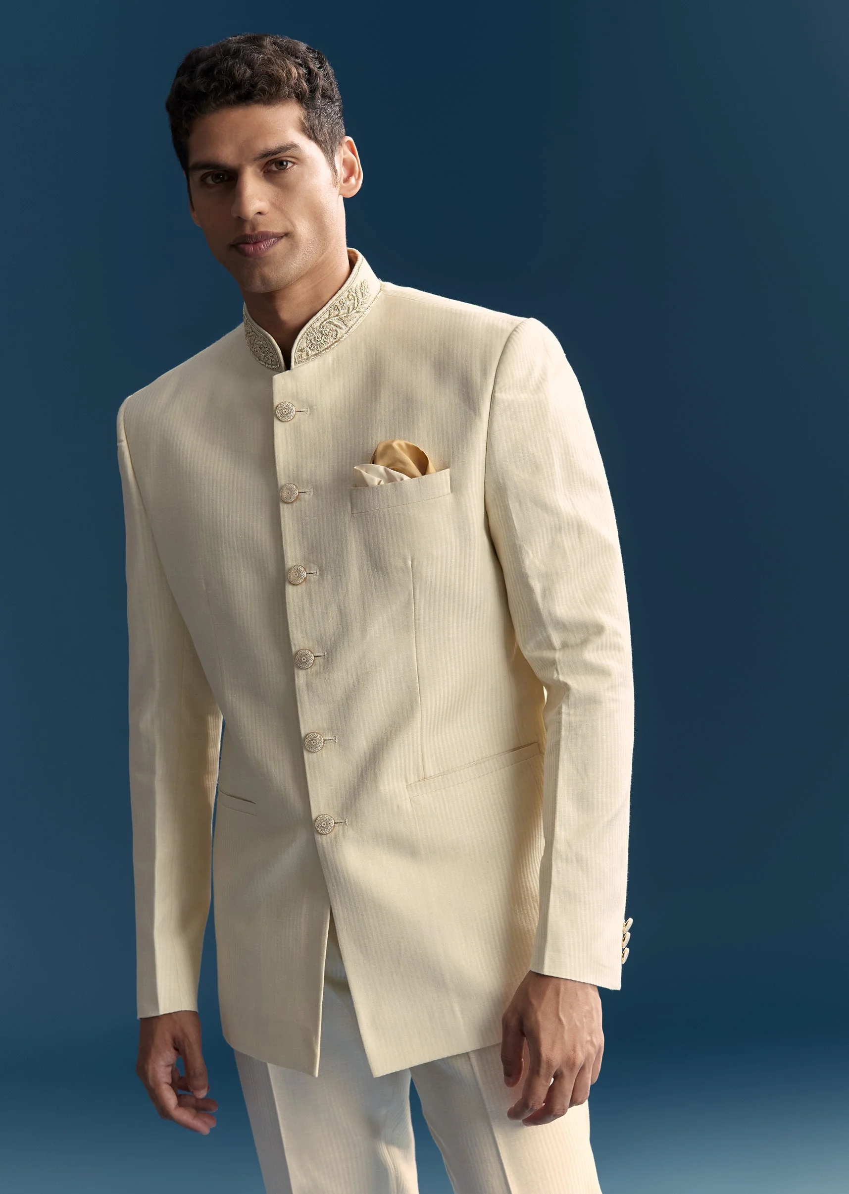 Ivory Regal Duo – Embroidered Lehenga For Her And Jacquard Jodhpuri Suit For Him - Image 7