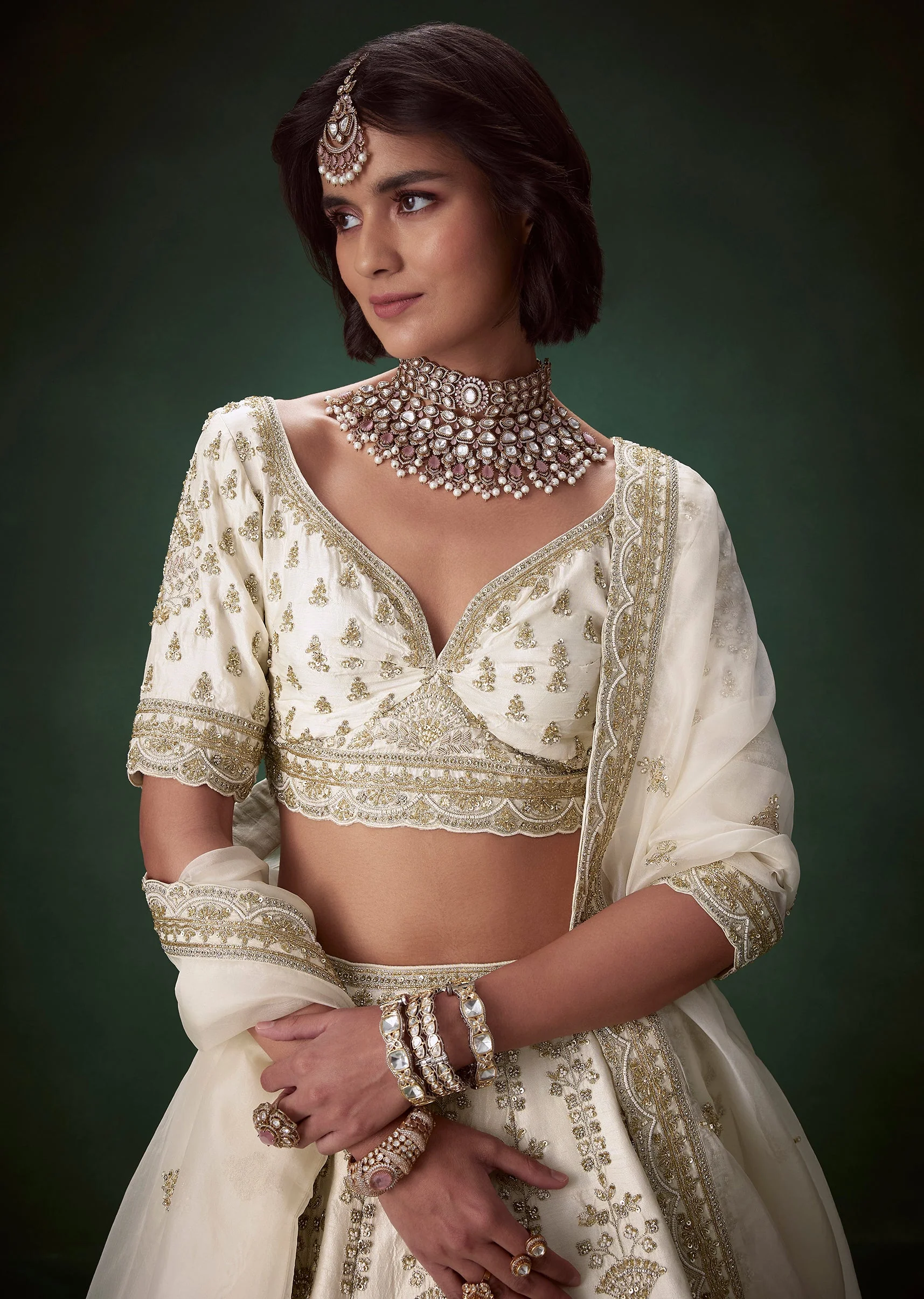 Ivory Resham Embellished Silk Bridal Lehenga Set with Two Duapattas - Image 3