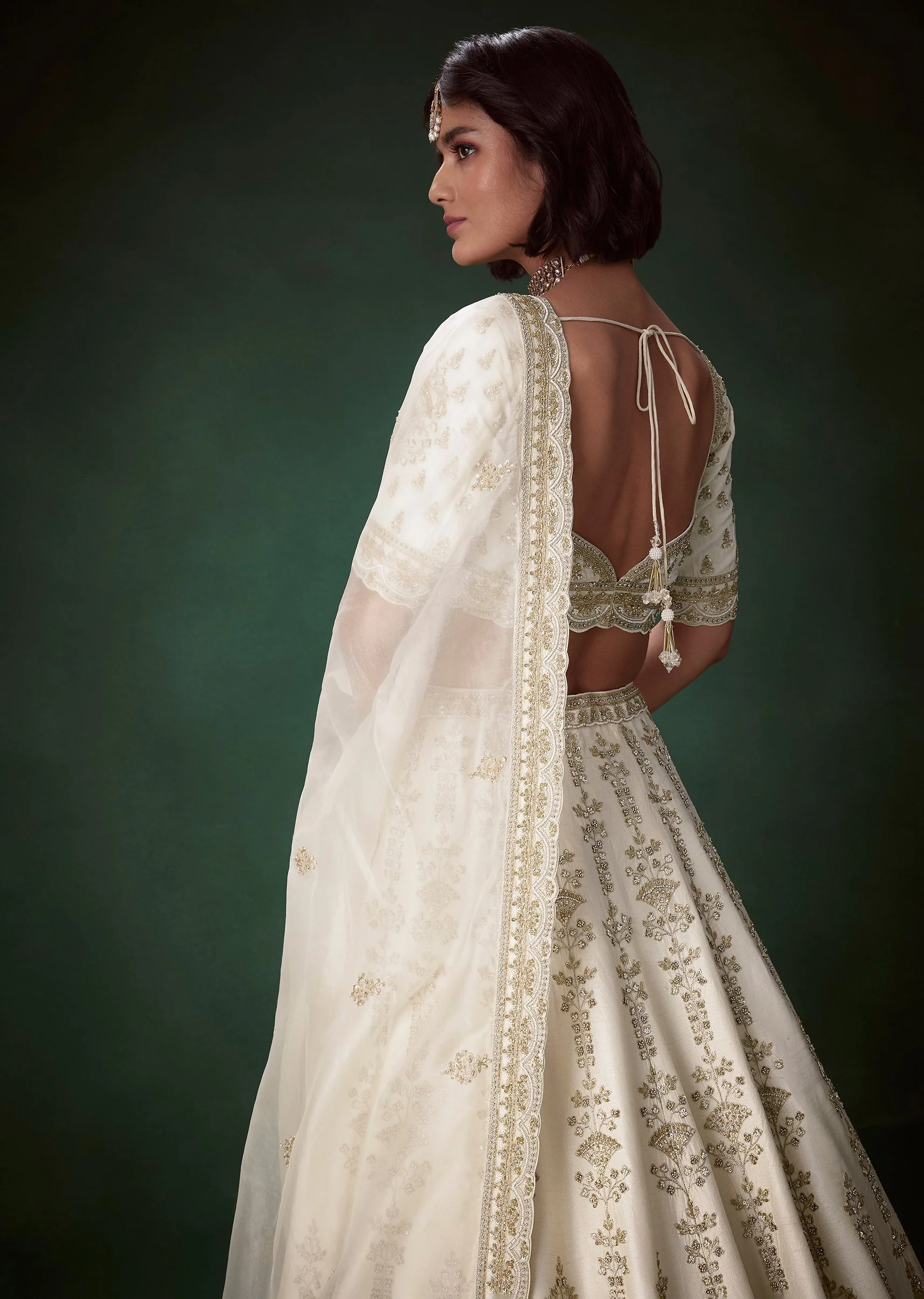 Ivory Resham Embellished Silk Bridal Lehenga Set with Two Duapattas - Image 5