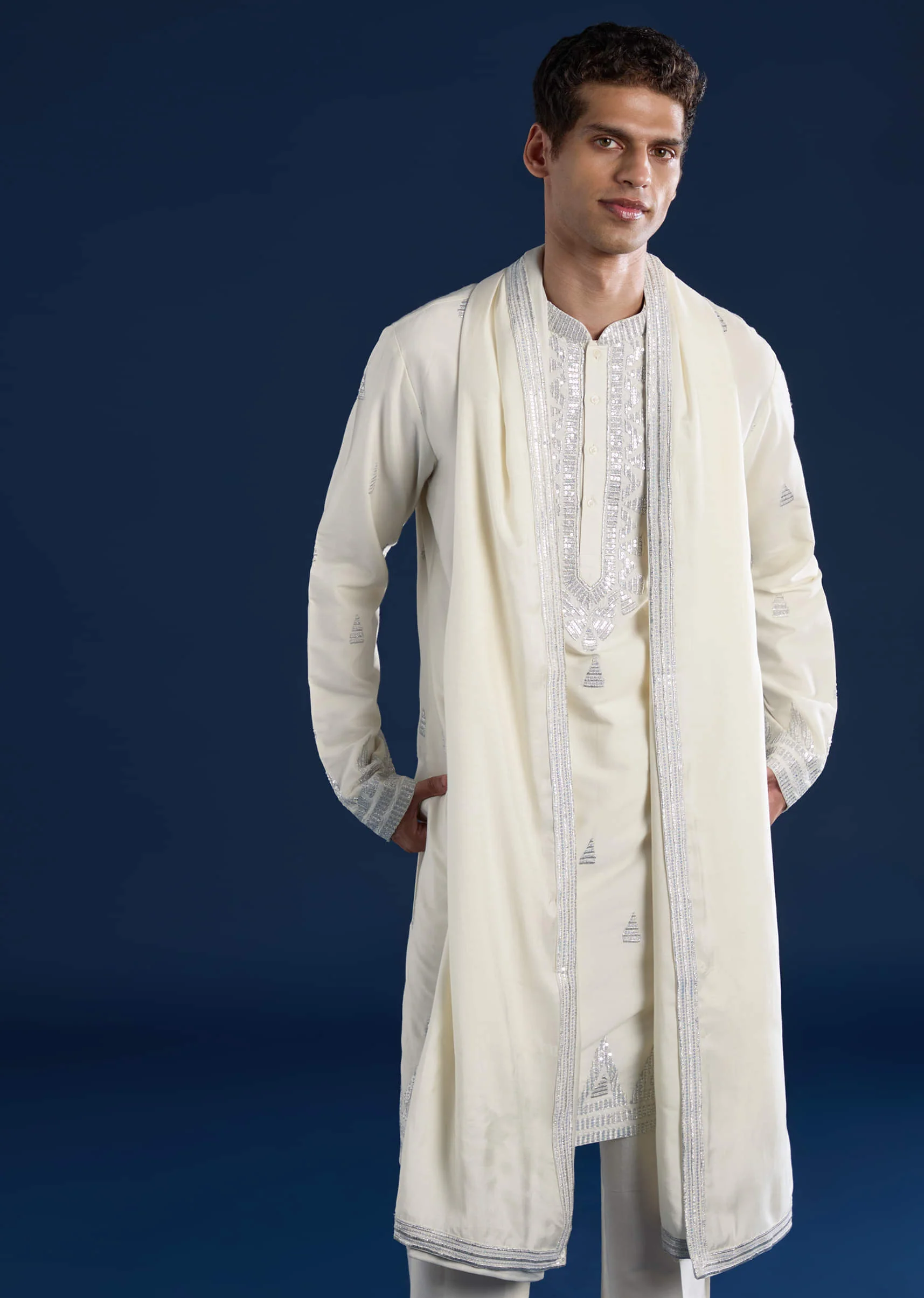 Ivory Sequin Embroidered Mens Kurta Set with Dupatta - Image 2