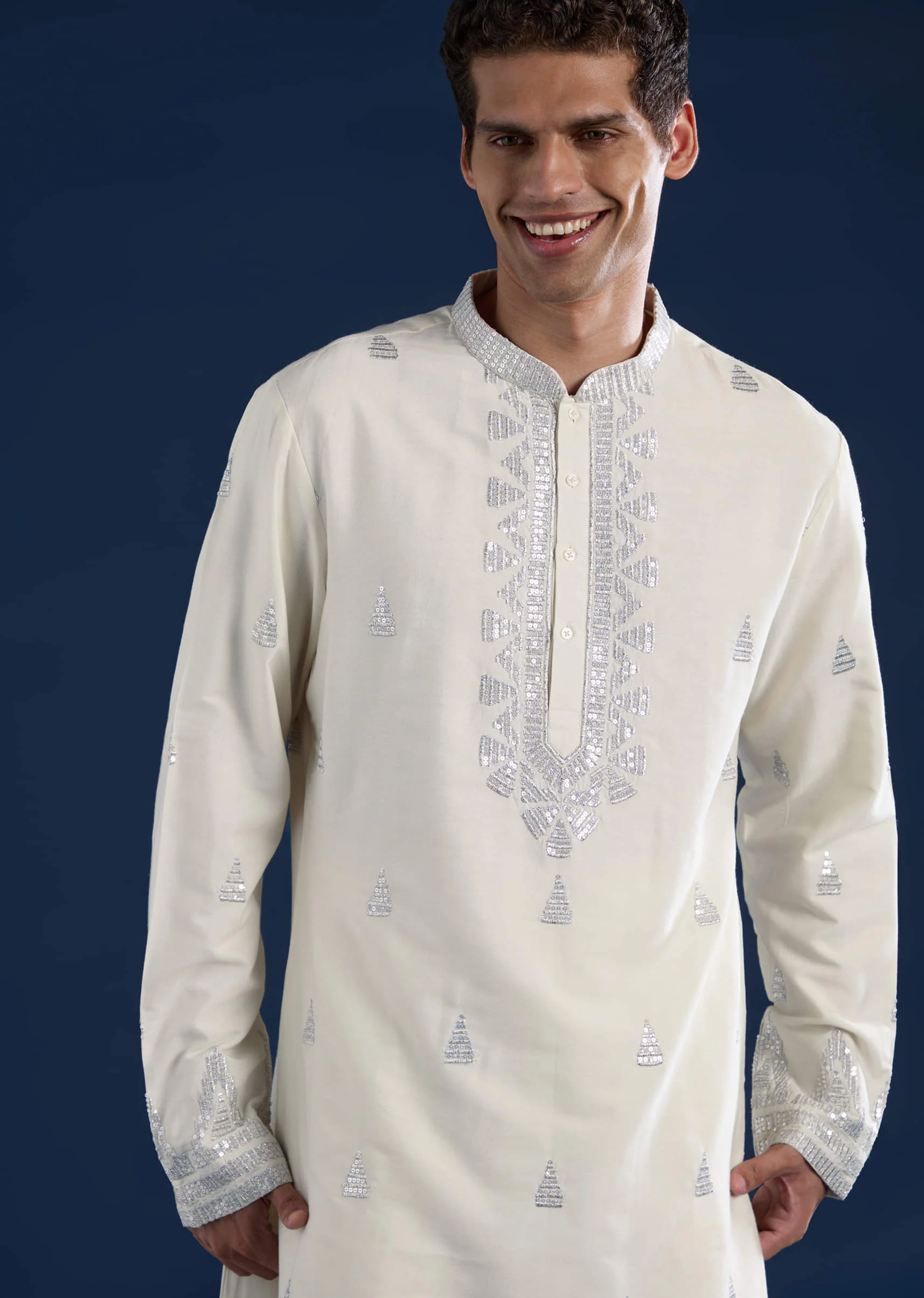 Ivory Sequin Embroidered Mens Kurta Set with Dupatta - Image 4