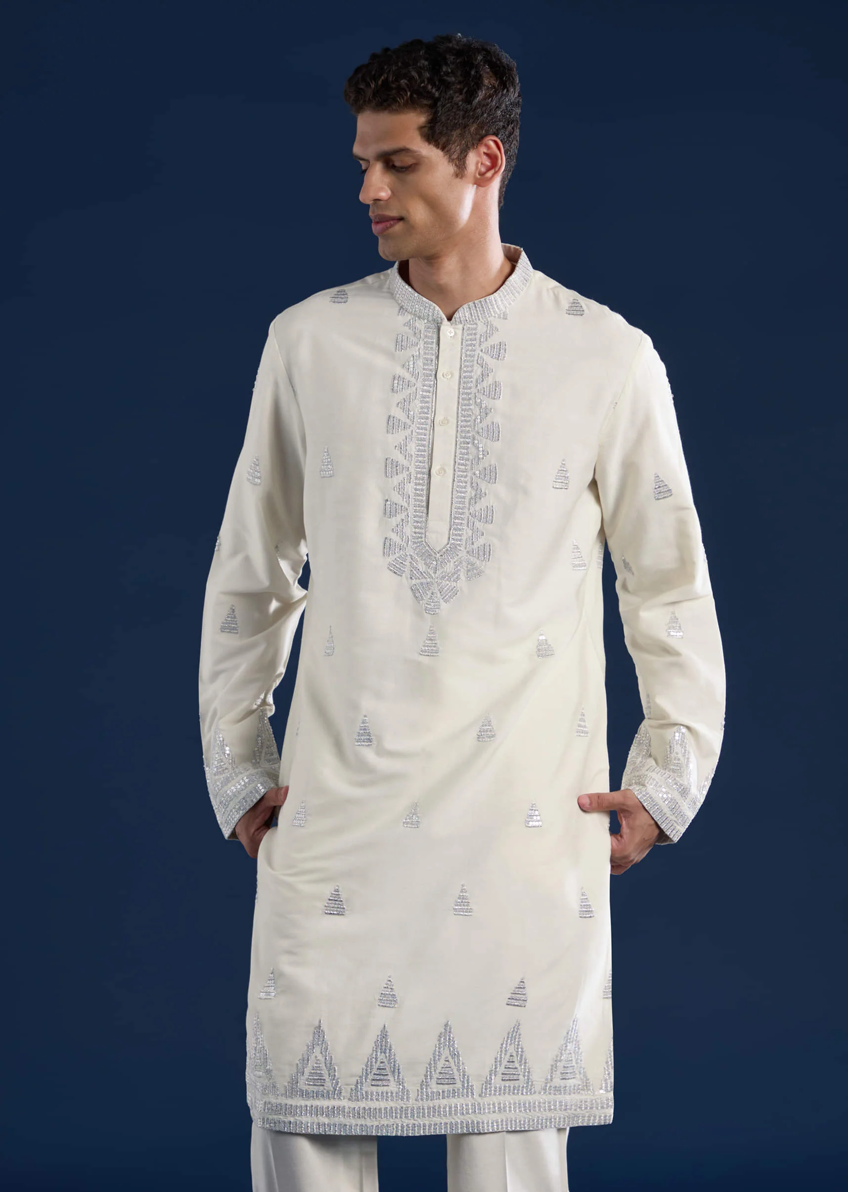 Ivory Sequin Embroidered Mens Kurta Set with Dupatta - Image 6