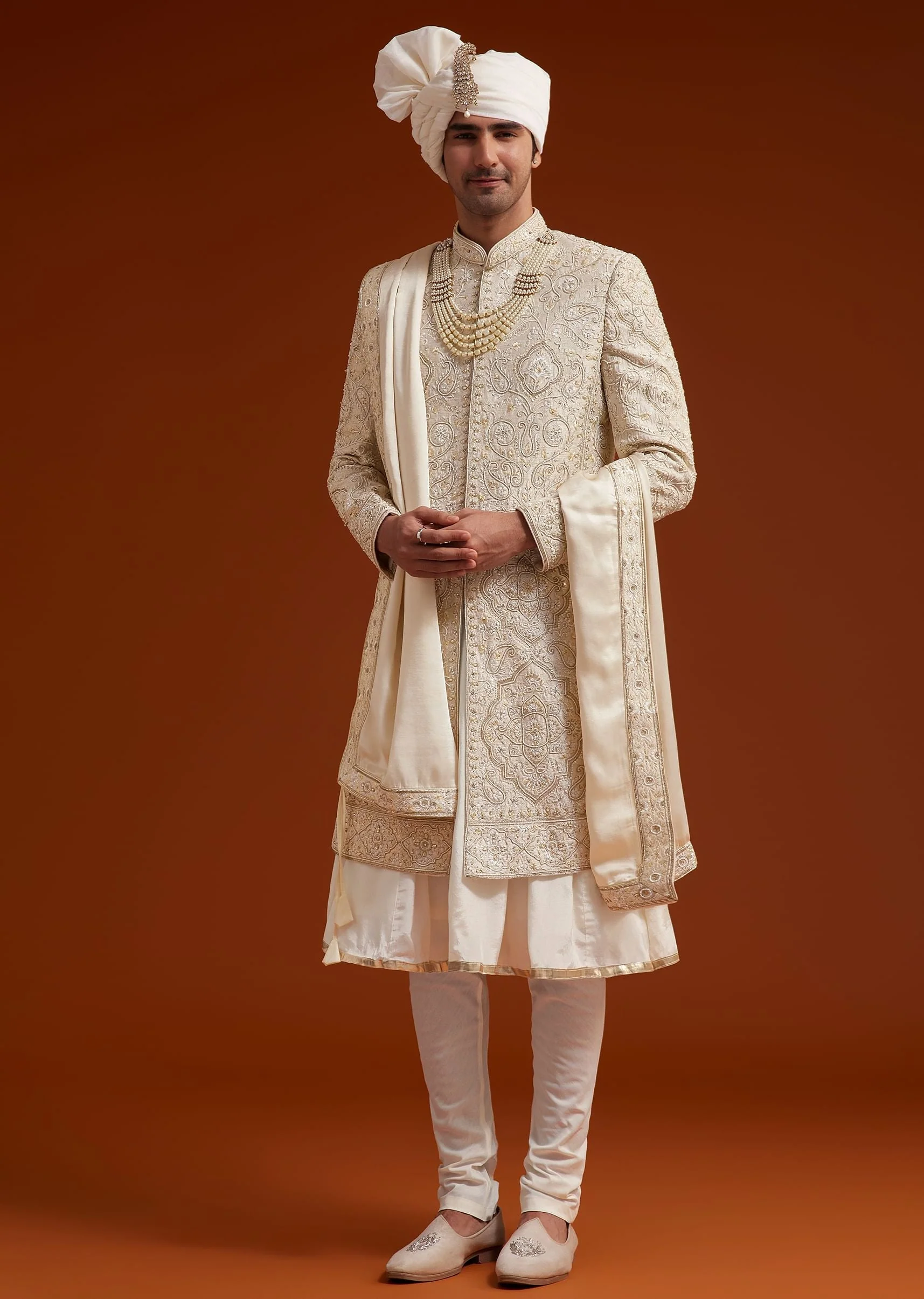 Ivory Sherwani Set With Zardosi And Butti Work - Image 3