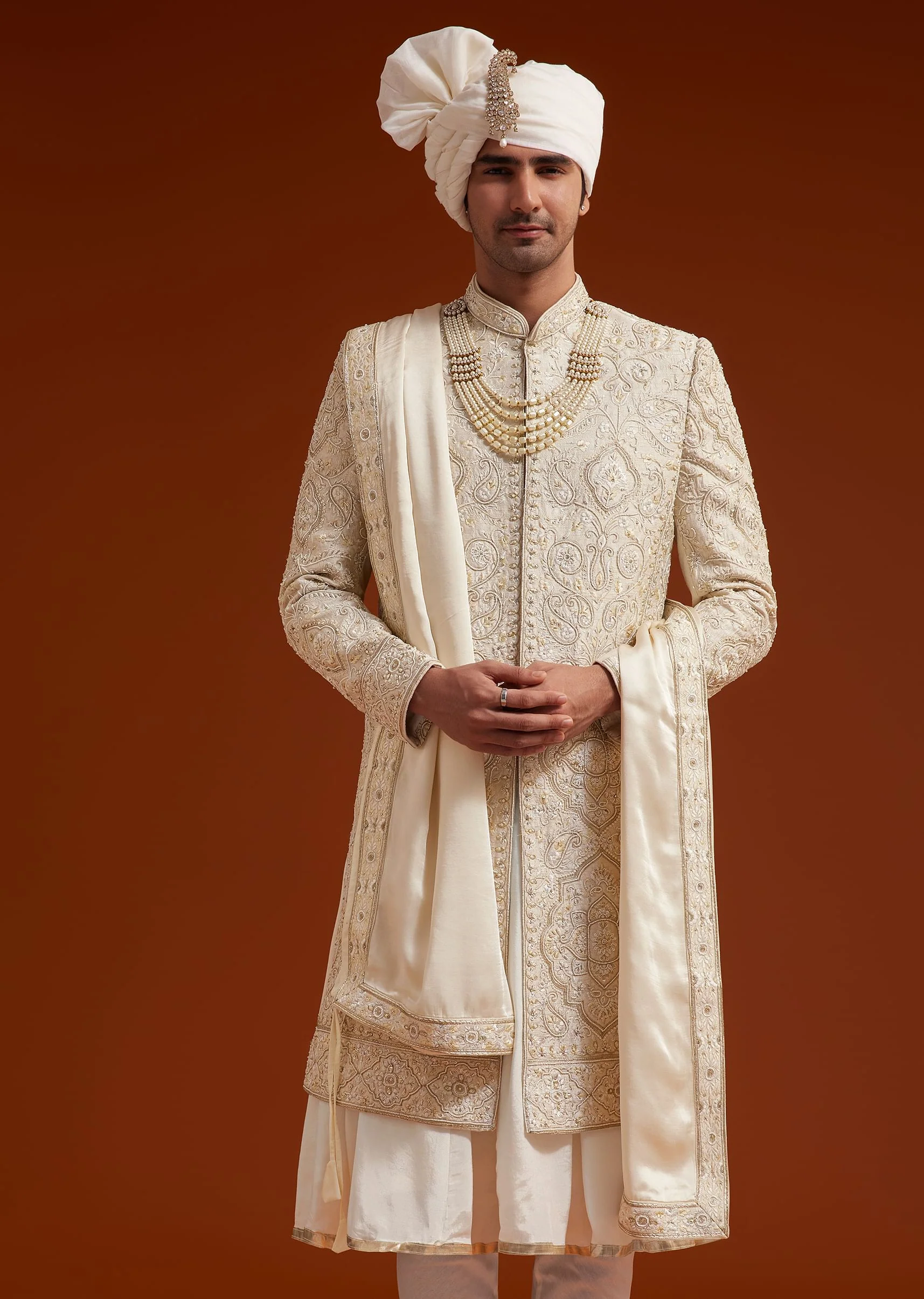 Ivory Sherwani Set With Zardosi And Butti Work - Image 5