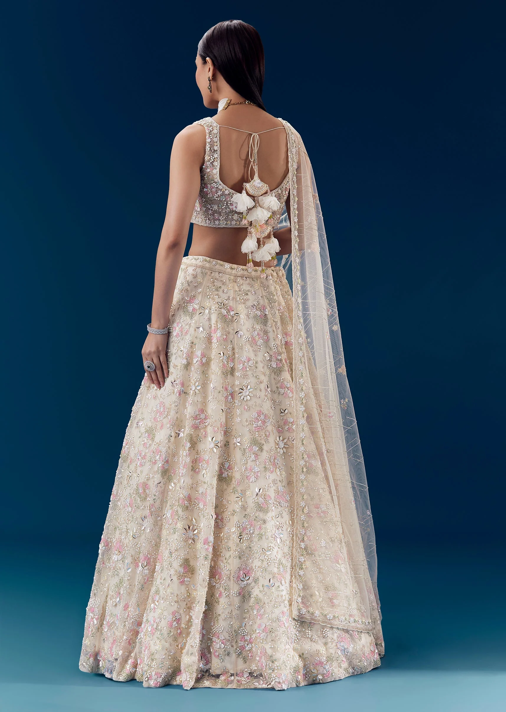 Ivory Silk Embellished Bridal Lehenga Set with Floral Tassels - Image 2